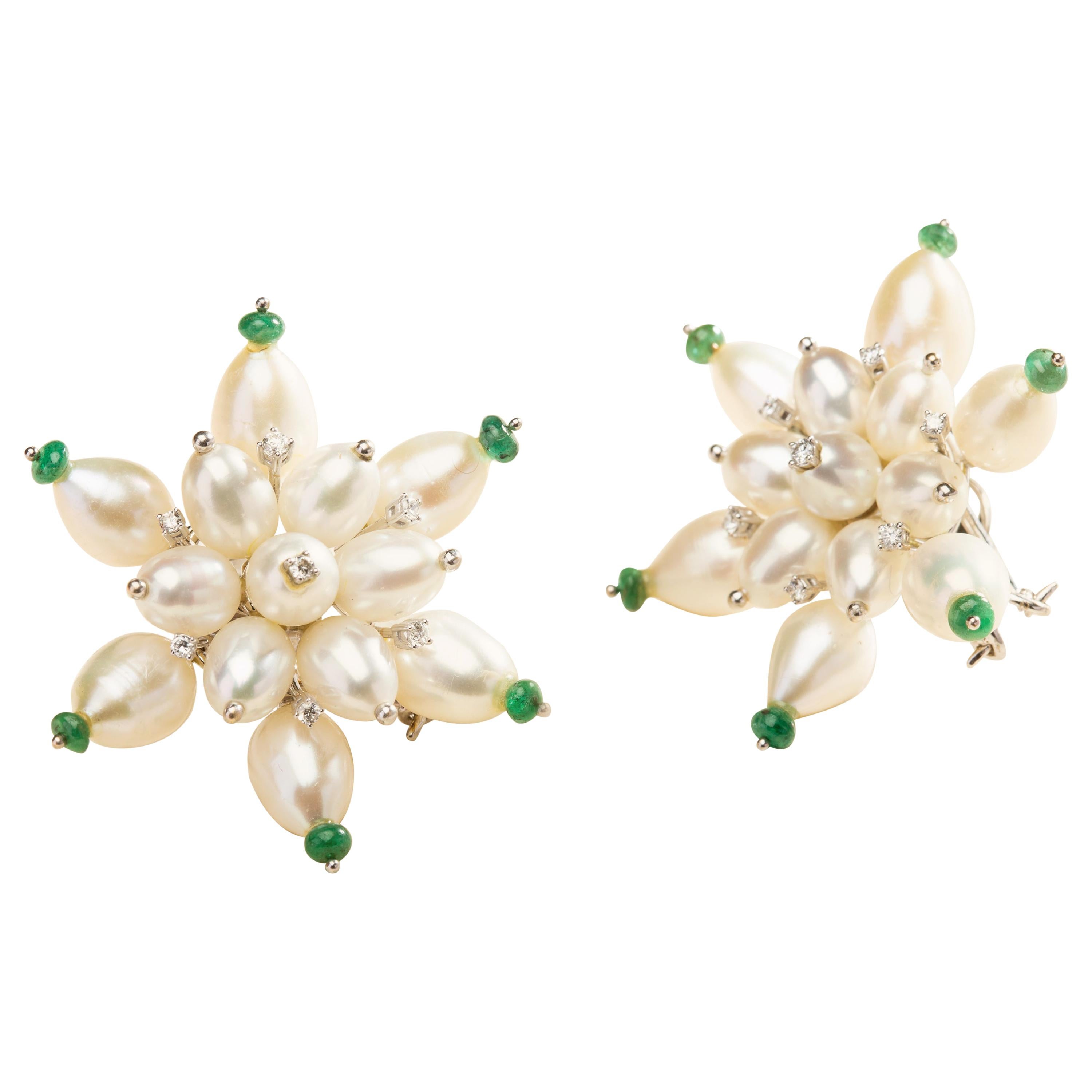 Moon Burst Earrings in 18 Karat Gold with Pearls, Emeralds and Diamonds For Sale