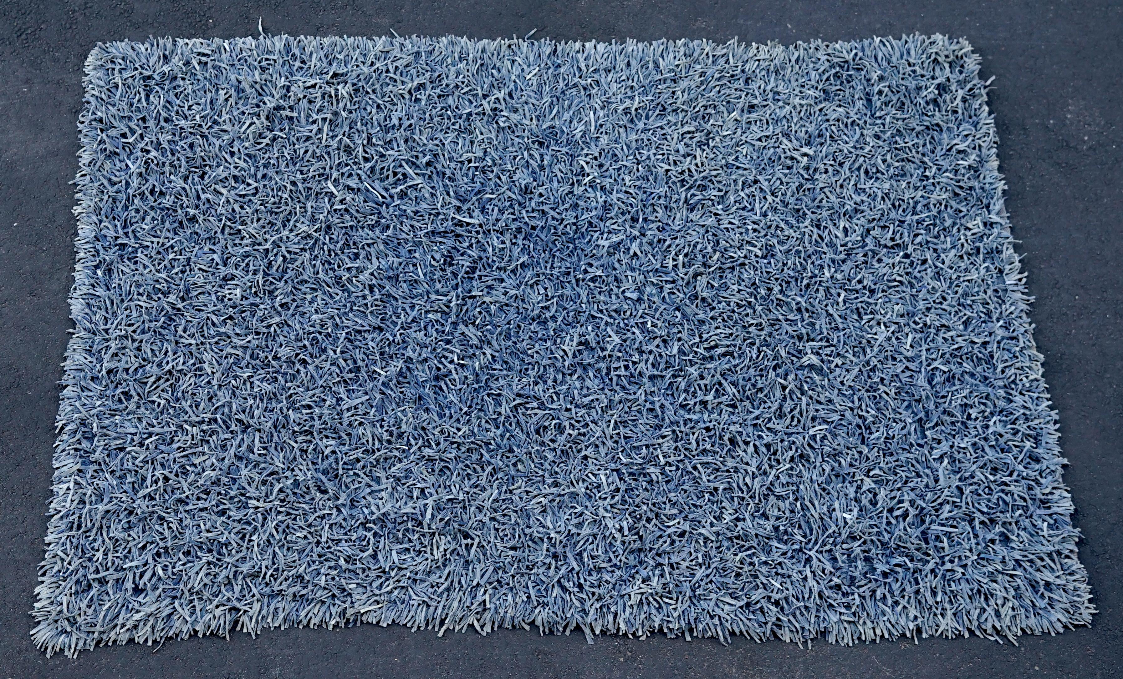 Modern Chanda Leather Stormy Blue Shag Plush Carpet Area Rug For Sale