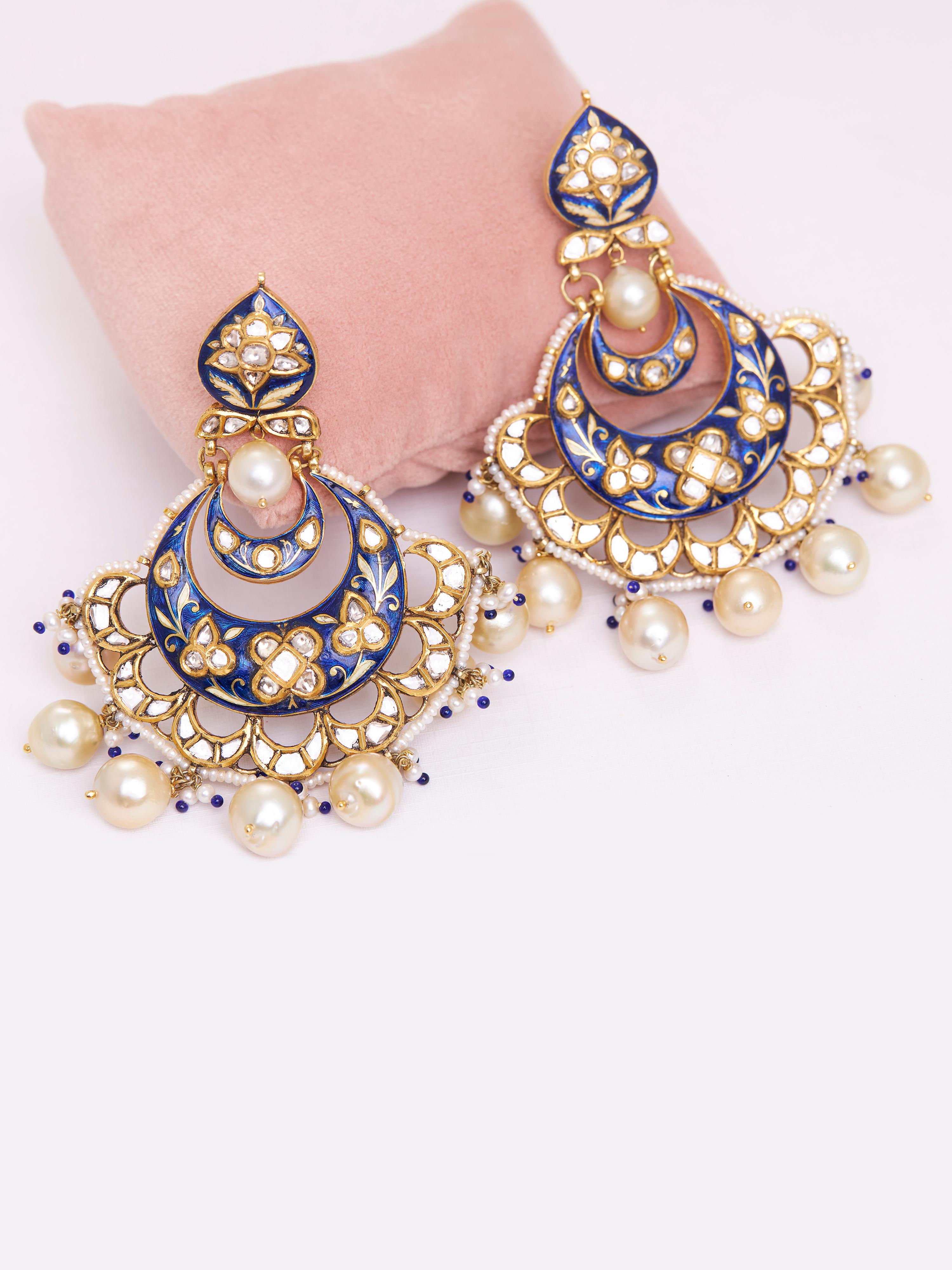 Revival Chandbali Earrings in Blue Enamel, 18kt Gold, Uncut Diamonds & Pearls For Sale