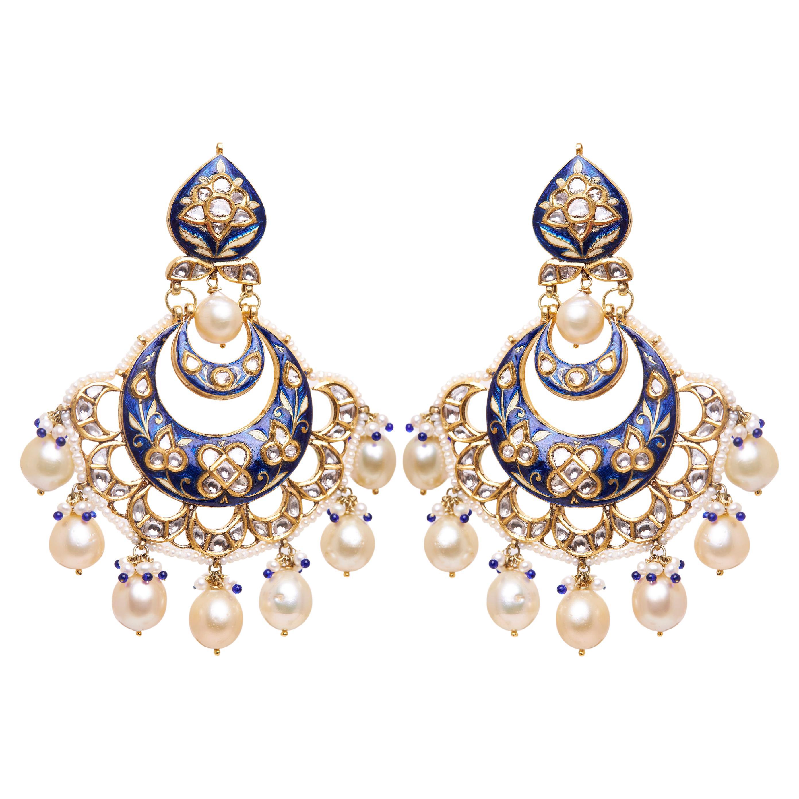 Chandbali Earrings in Blue Enamel, 18kt Gold, Uncut Diamonds & Pearls For Sale