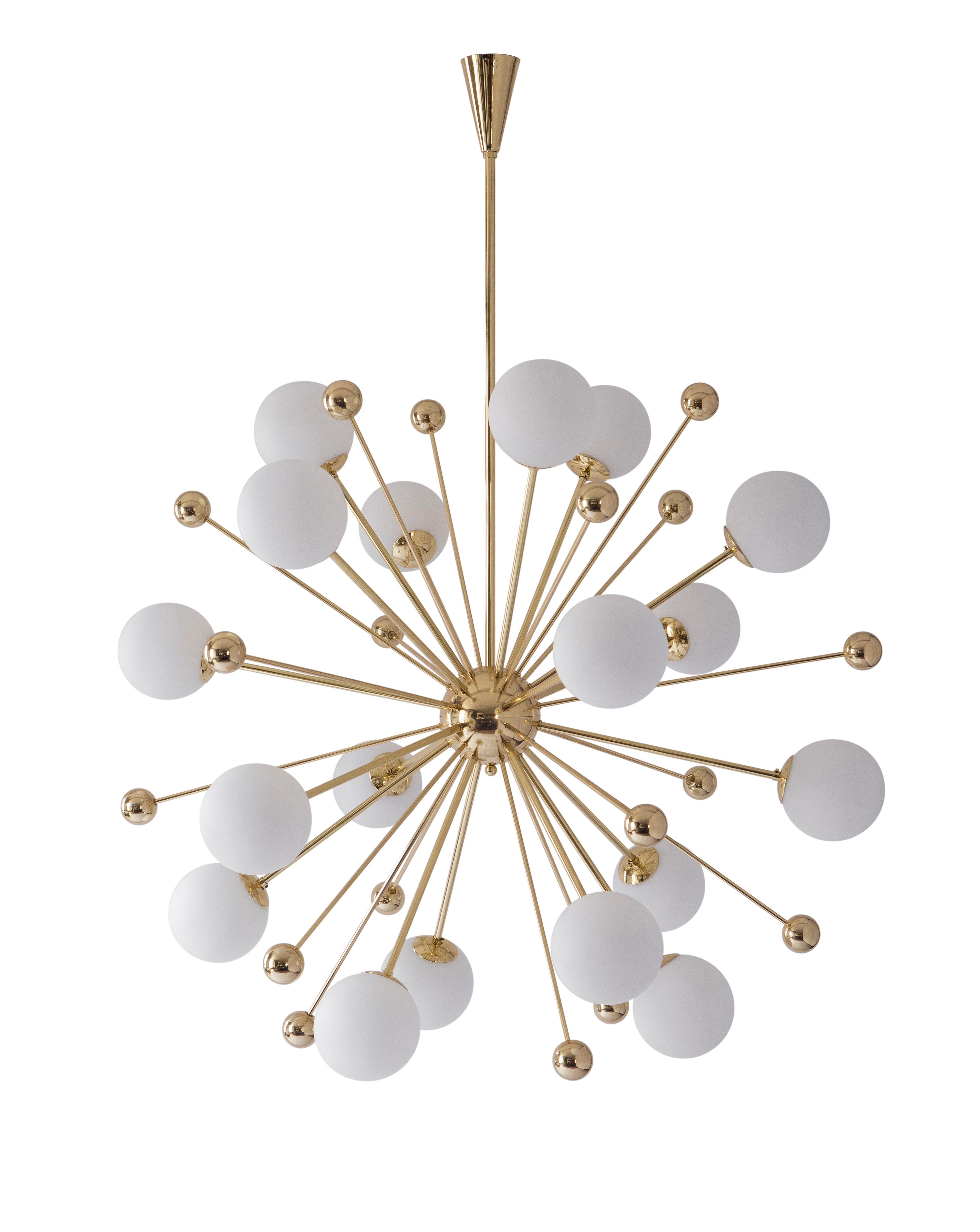 Chandelier 01 version 1 by Magic Circus Editions
Dimensions: H 155 x W 125 cm
 Spheres: Glass 160
 Brass 60
Materials: Smooth brass, mouth blown glass
Available finishes: brass, nickel, lacquered black, red brick
18 × Led G9 / 5W. 220V