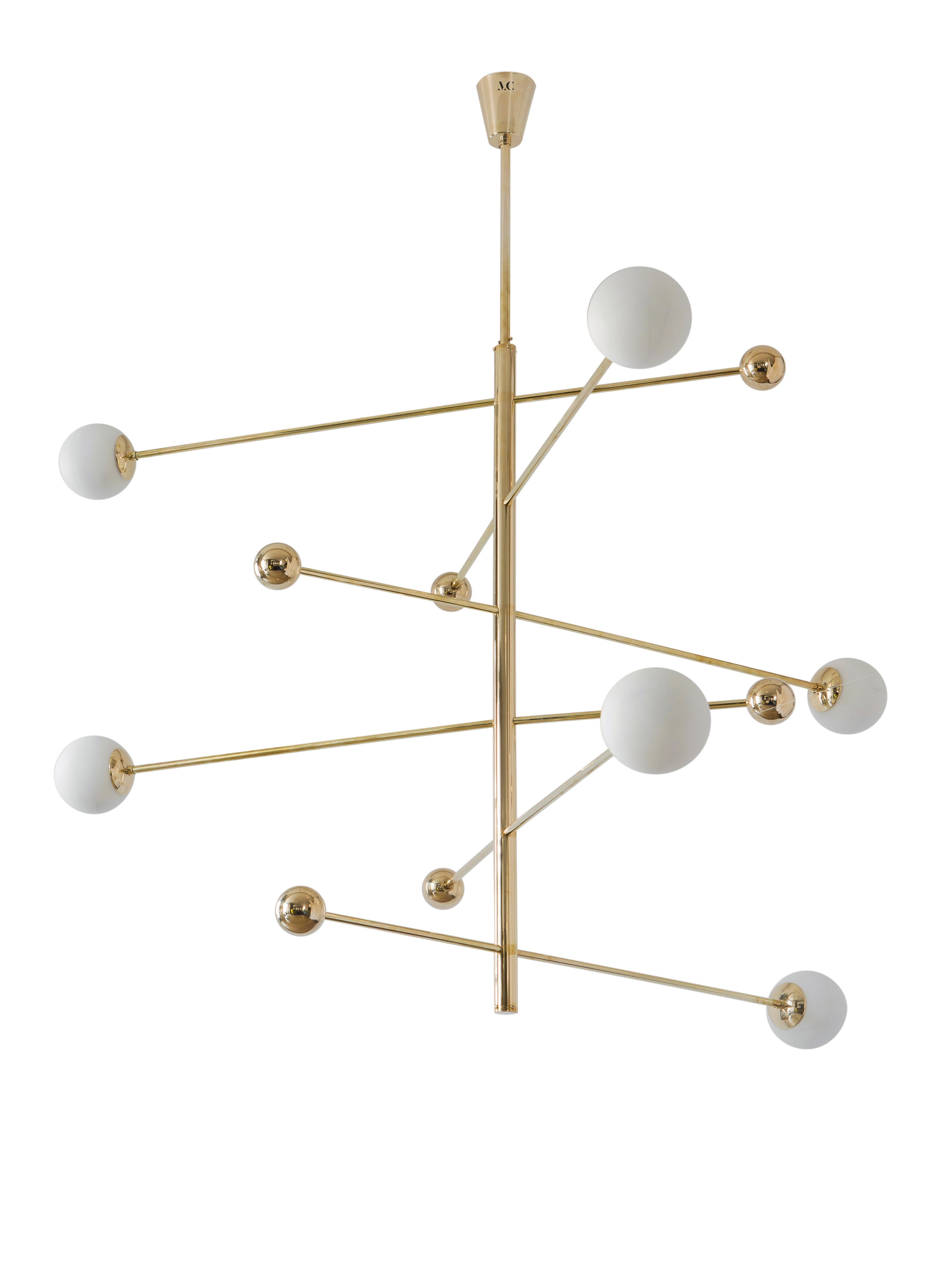 Chandelier 08 V1 by Magic Circus Editions
Dimensions: H 160 x W 156 cm
Spheres: Glass 140
 
Materials: Smooth brass, glass
Available finishes: Brass, nickel, black brass, red brick
6 × Led G9 / 5W. 220V

All our lamps can be wired according