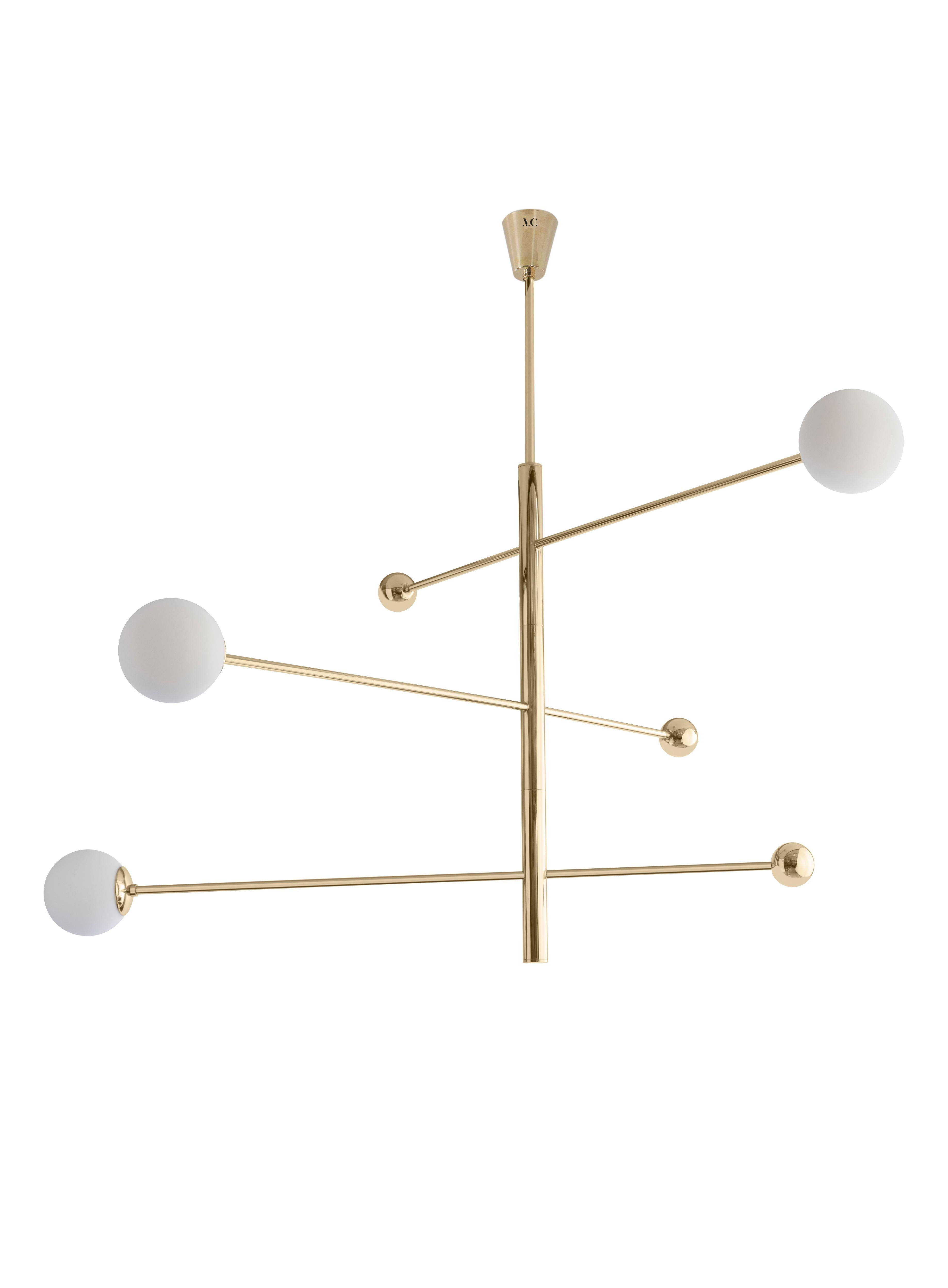 Chandelier 08 V2 by Magic Circus Editions
Dimensions: H 90 x W 156 cm
Spheres: Glass 70 mm
 
Materials: Smooth brass, glass
Available finishes: Brass, nickel, black brass and red brick
6 × Led G9 / 5W. 220V

All our lamps can be wired according to