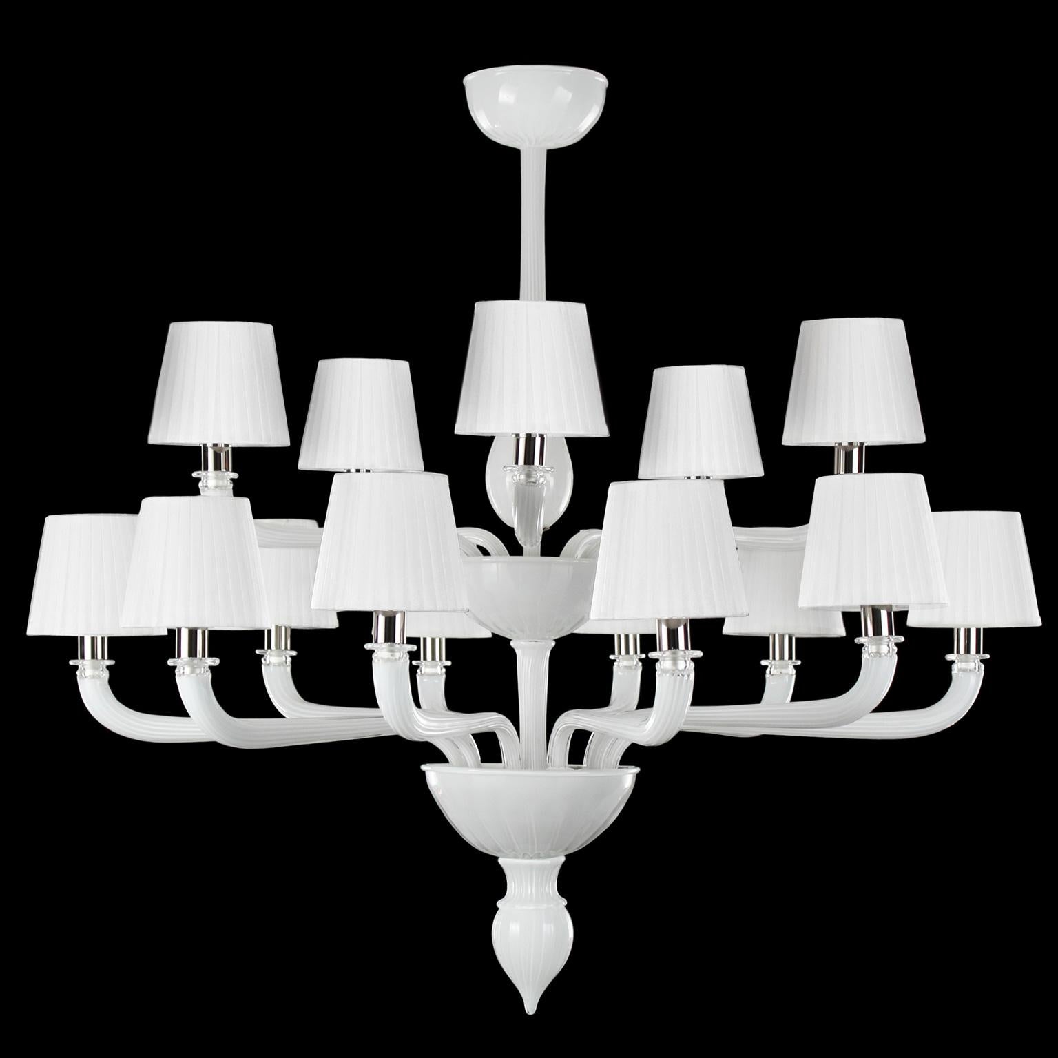 Coco chandelier 10+5 light artistic white encased Murano glass, white handmade lampshades by Multiforme
The glass chandeliers Coco collection takes inspiration from Coco Chanel, the revolutionary woman that has changed the fashion industry during