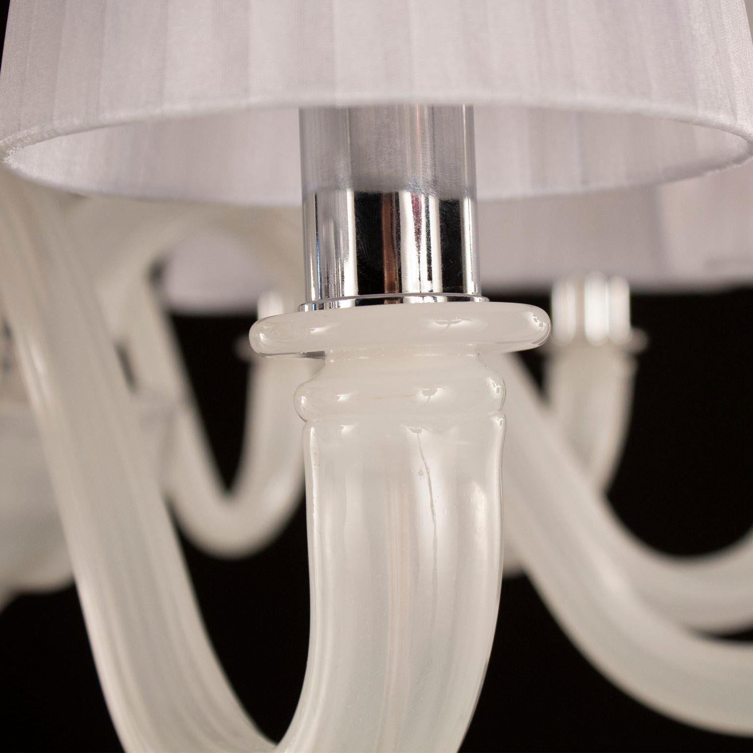 Blown Glass Chandelier 12 Arms White Silk Murano Glass White Lampshade Chapeau by Multiforme For Sale