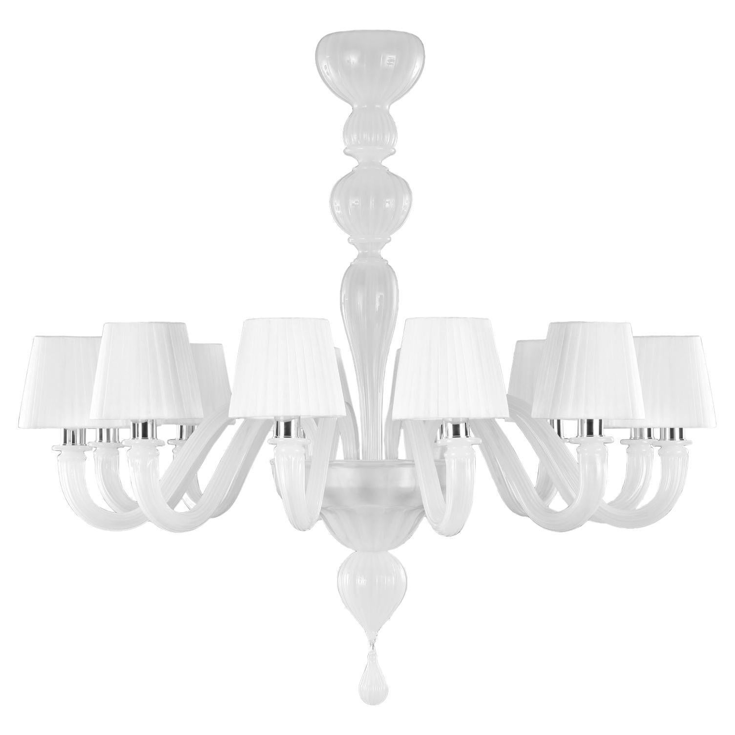 Chandelier 12 Arms White Silk Murano Glass White Lampshade Chapeau by Multiforme
