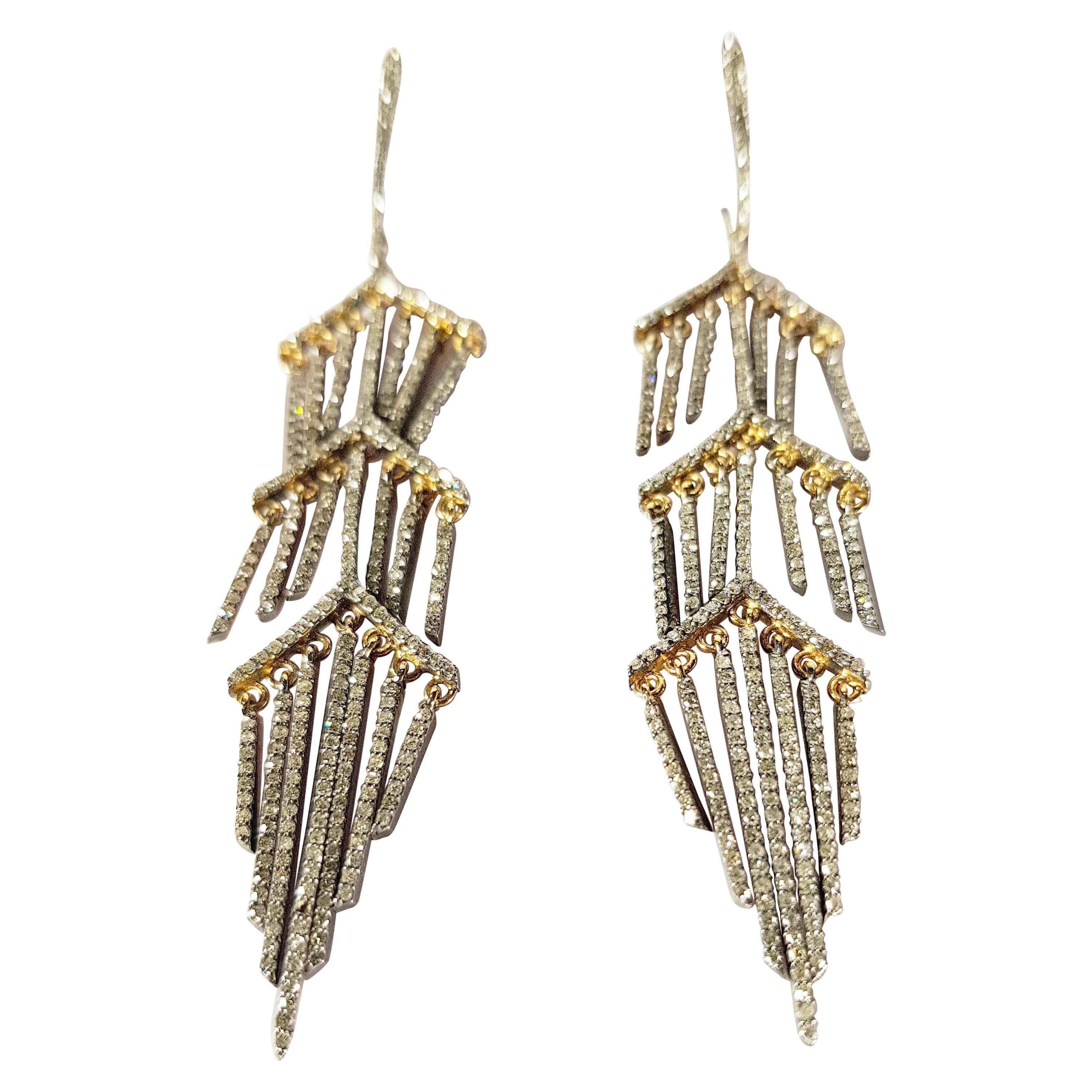 Chandelier 14 Karat Gold and Silver Earrings with Diamonds For Sale