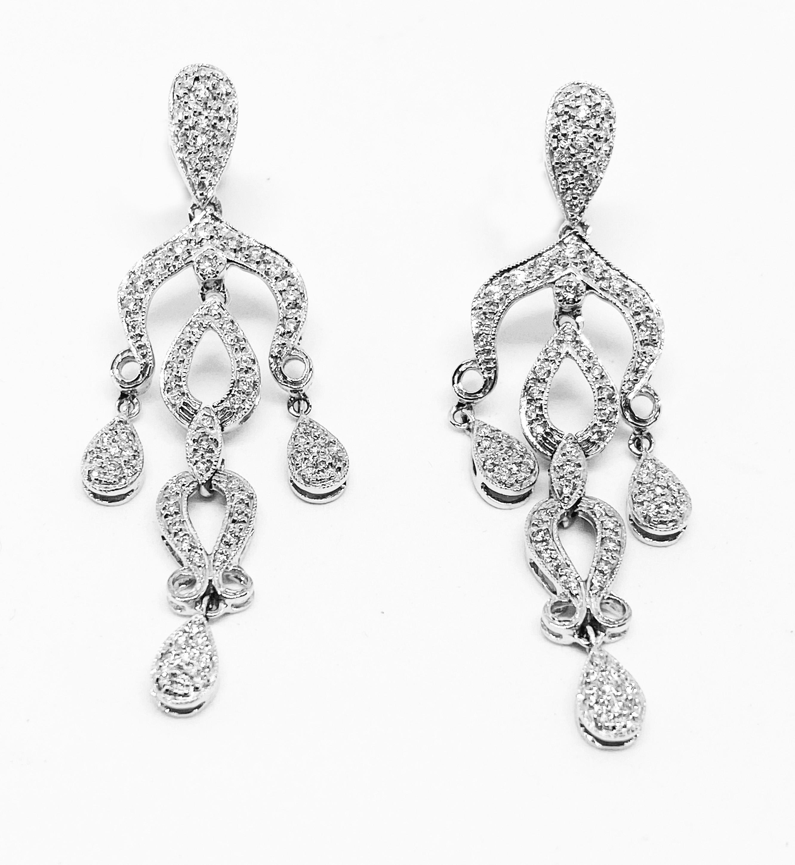 18kt white gold  chandelier earrings 1,00 ct diamonds
HRD Certificates can be issued upon request.  Additional price and delivery will be given prior to client’s purchase
Please note: Each piece will be sent in unopened plastic bag and a number.