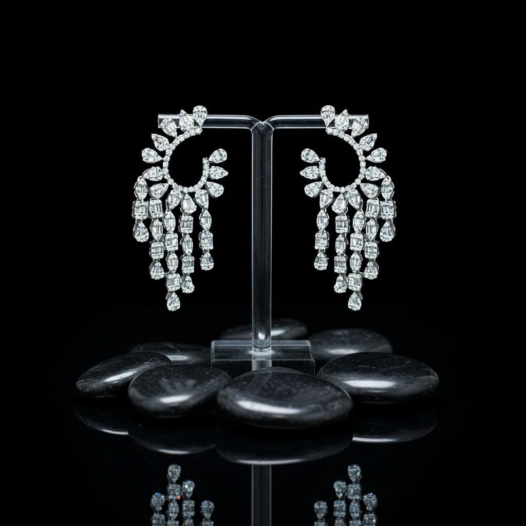 Moderno Orecchini Chandelier in oro bianco 18 carati con diamanti a pera e marquise in vendita