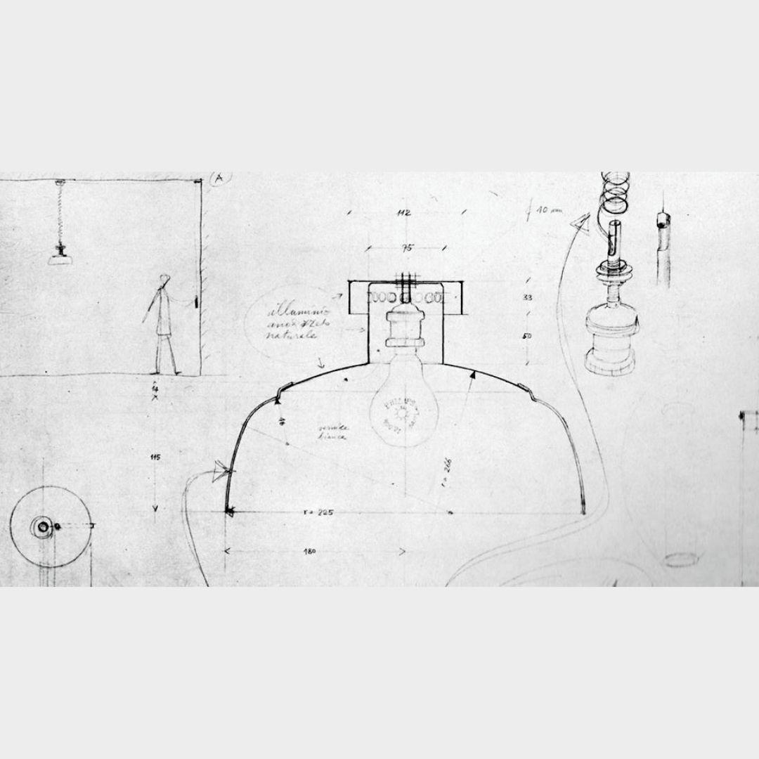 très rare lampe à suspension produite par Kartell à partir de 1959, conçue par Achille et Pier Giacomo Castiglioni rapportée avec les initiales 