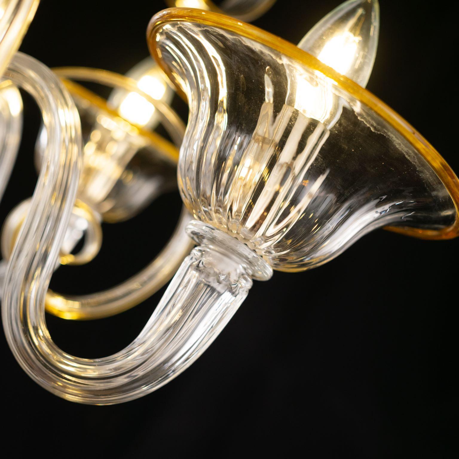 Blown Glass Artistic Chandelier 5 Arms Clear-amber Murano Glass by Multiforme  For Sale