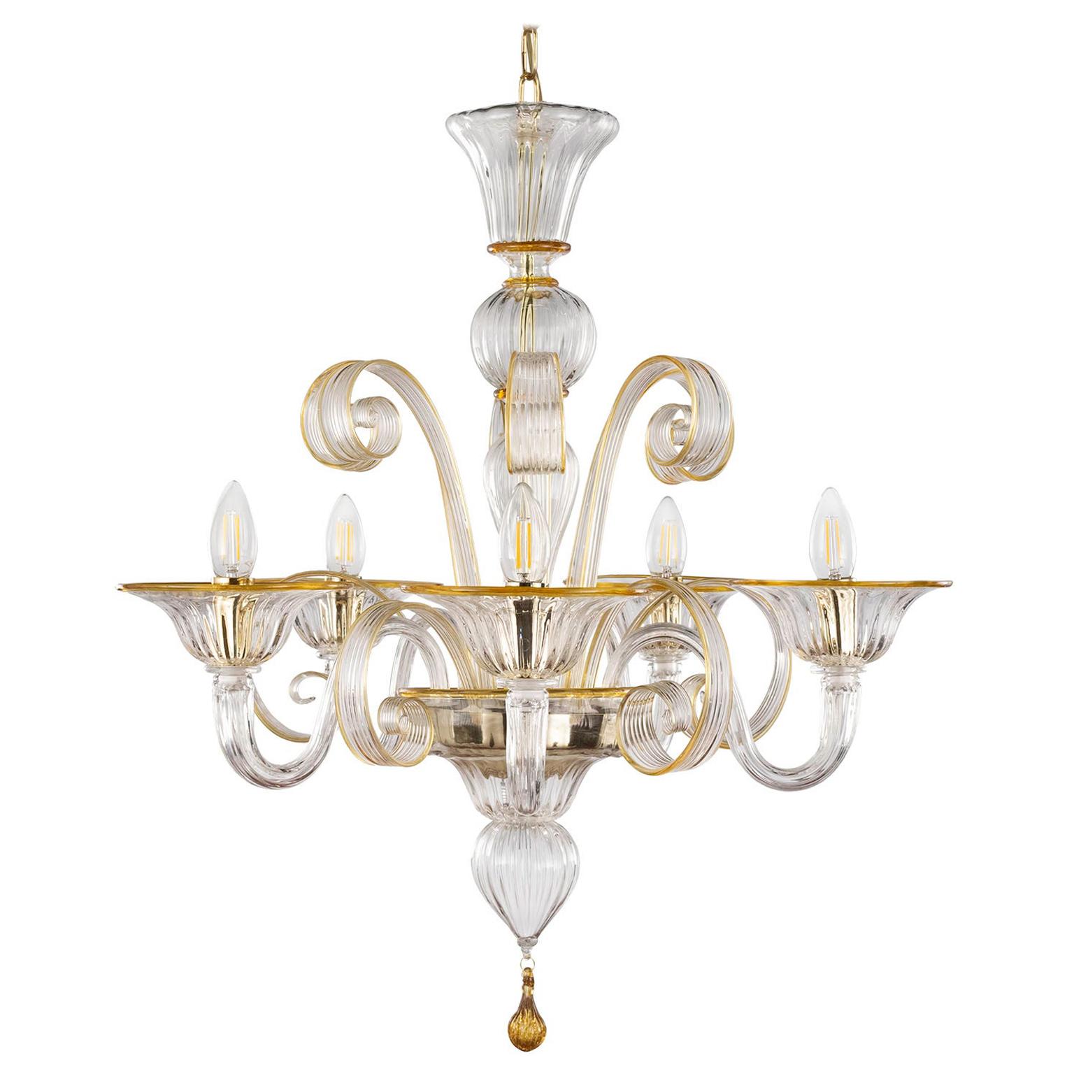Artistic Chandelier 5 Arms Clear-amber Murano Glass by Multiforme 