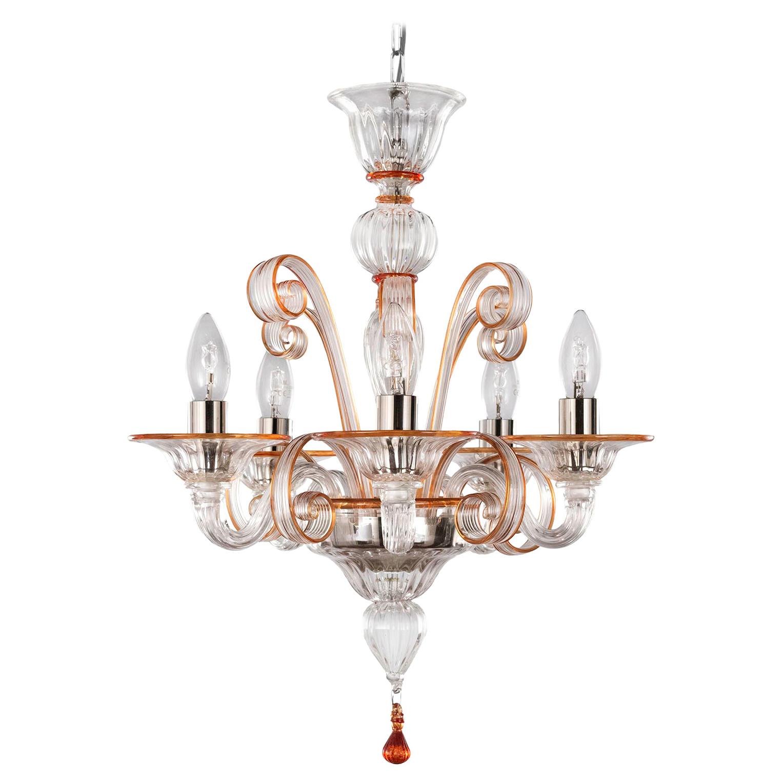 Chandelier 5 Arms Clear Murano Glass, Orange Details by Multiforme