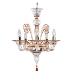 Chandelier 5 Arms Clear Murano Glass, Orange Details by Multiforme