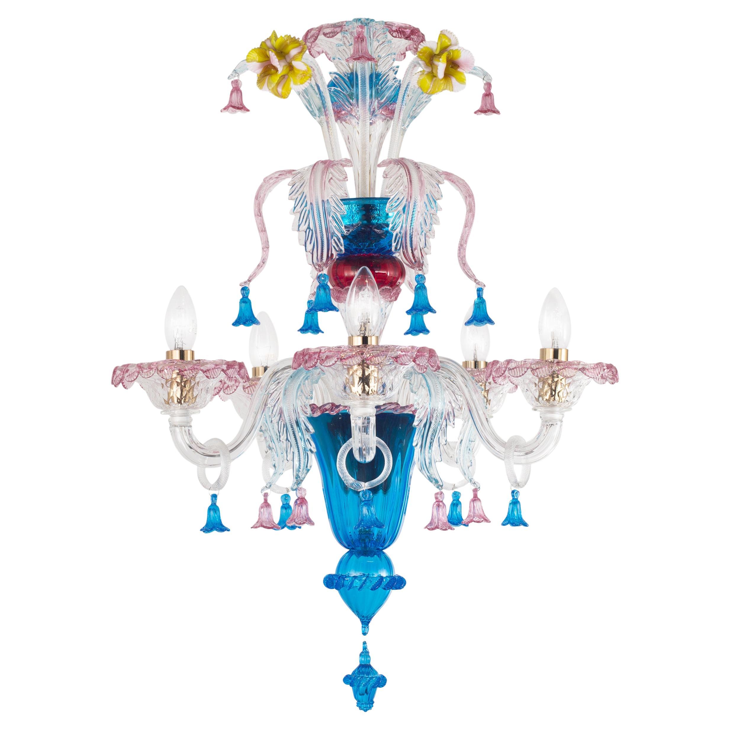 Kronleuchter mit 5 Armen und klaren Glasdetails, blaue, rosa und gelbe und gelbe Blume von Multiforme