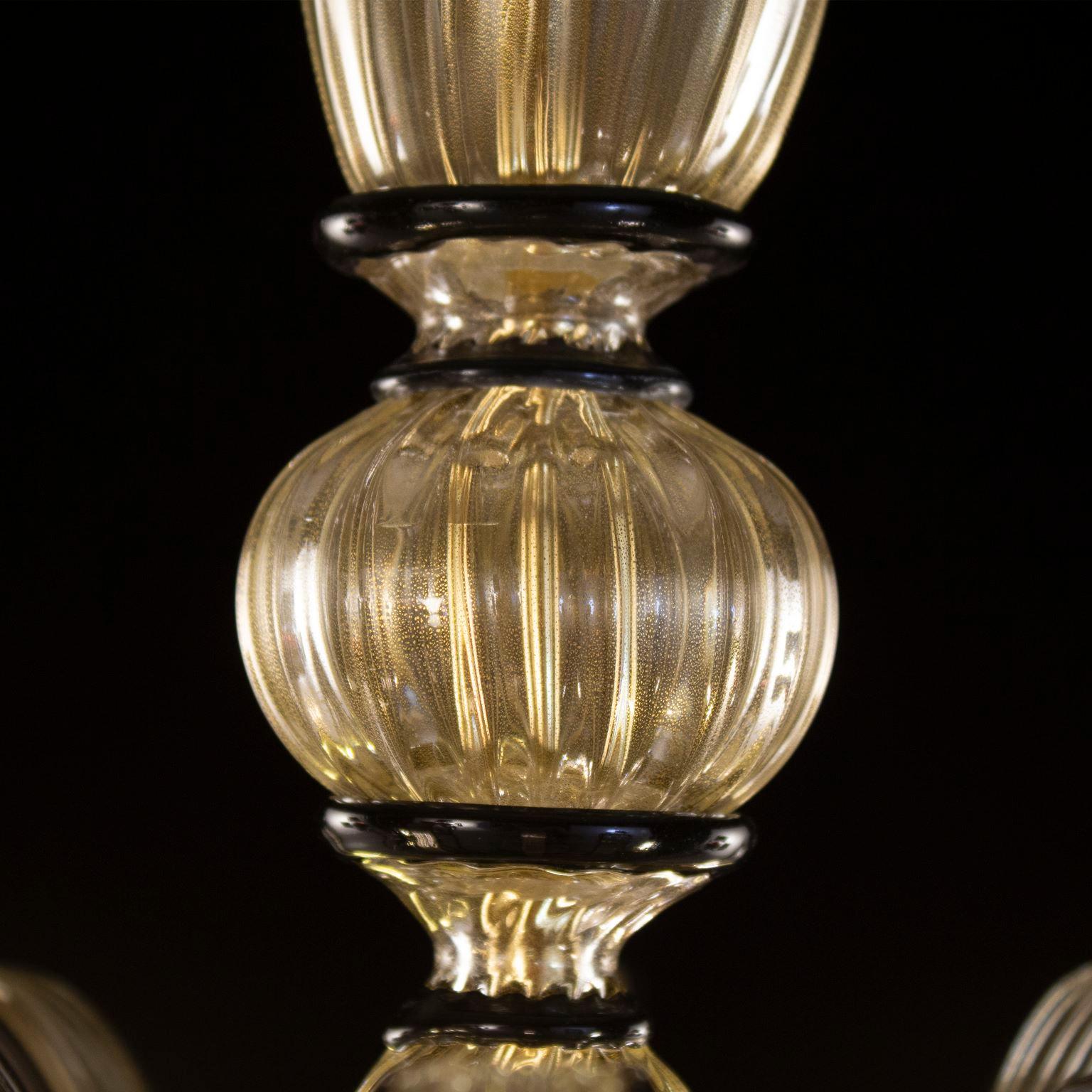 Italian Chandelier 5 Arms Golden Leaf-black Artistic Murano Glass by Multiforme in stock For Sale