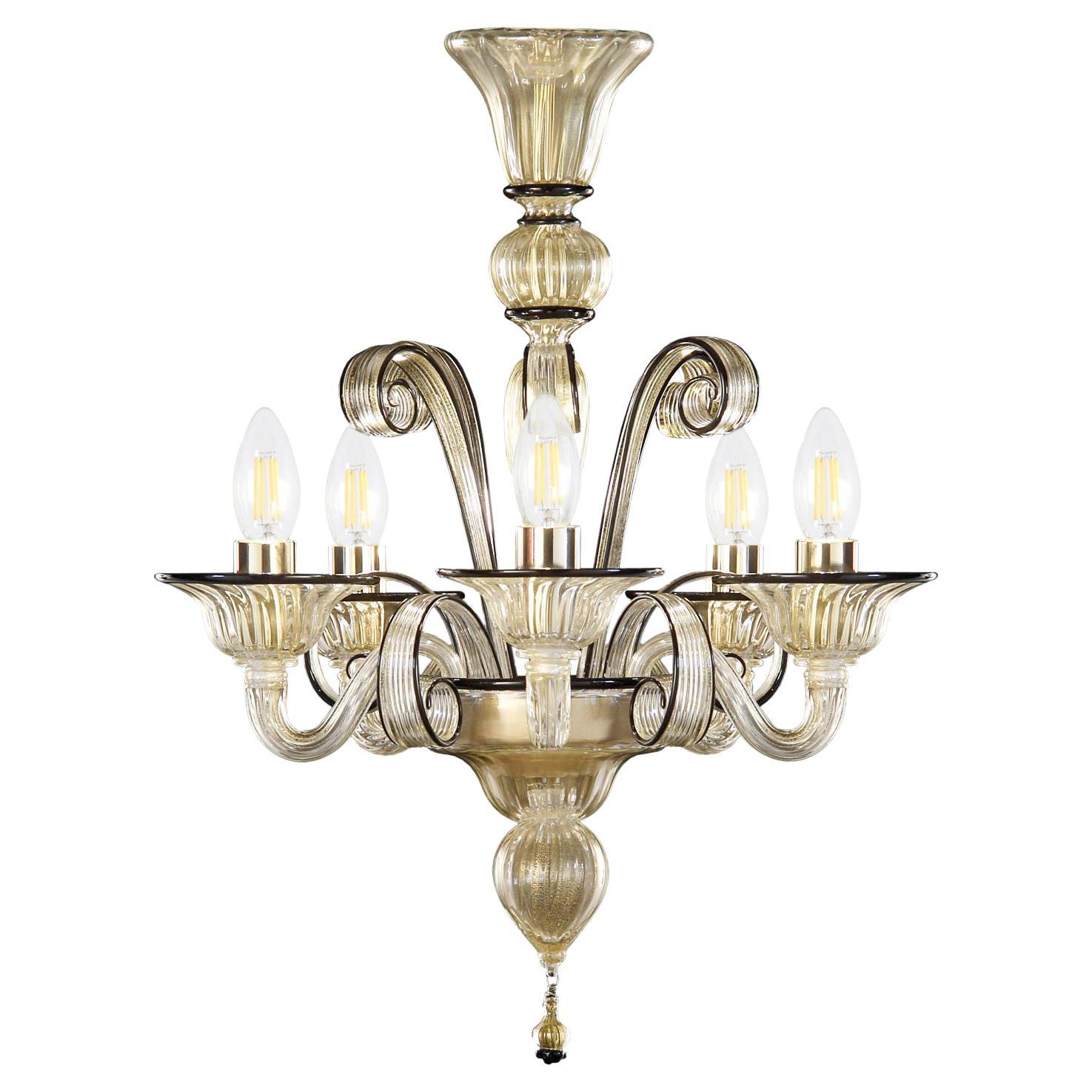 Chandelier 5 Arms Golden Leaf-black Artistic Murano Glass by Multiforme in stock For Sale