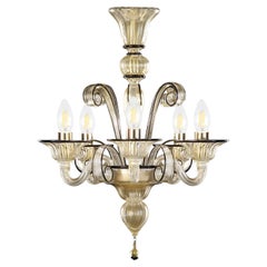 Chandelier 5 Arms Golden Leaf-black Artistic Murano Glass by Multiforme in stock