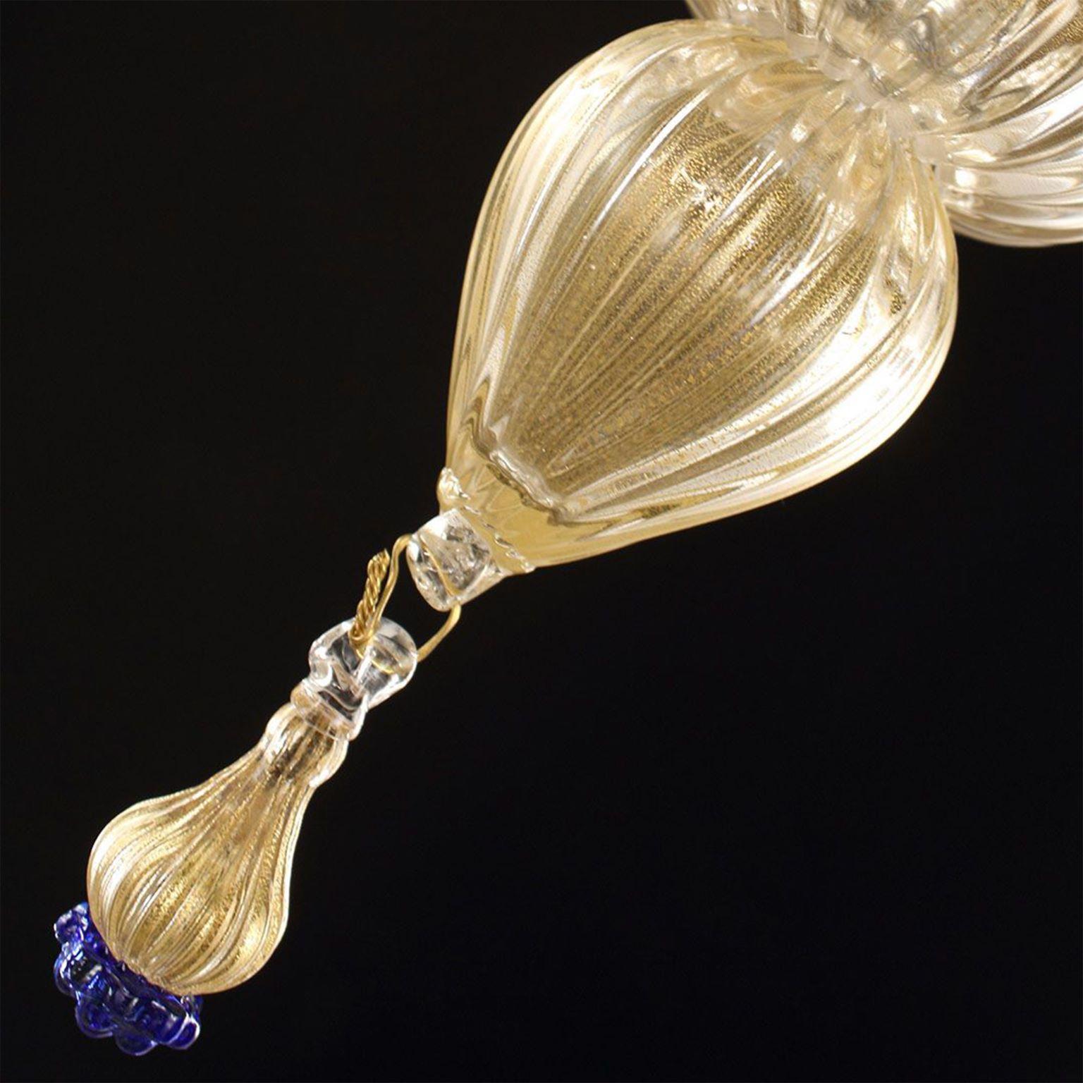 Other Chandelier 5 Arms Golden Leaf-blue Artistic Murano Glass by Multiforme in stock For Sale