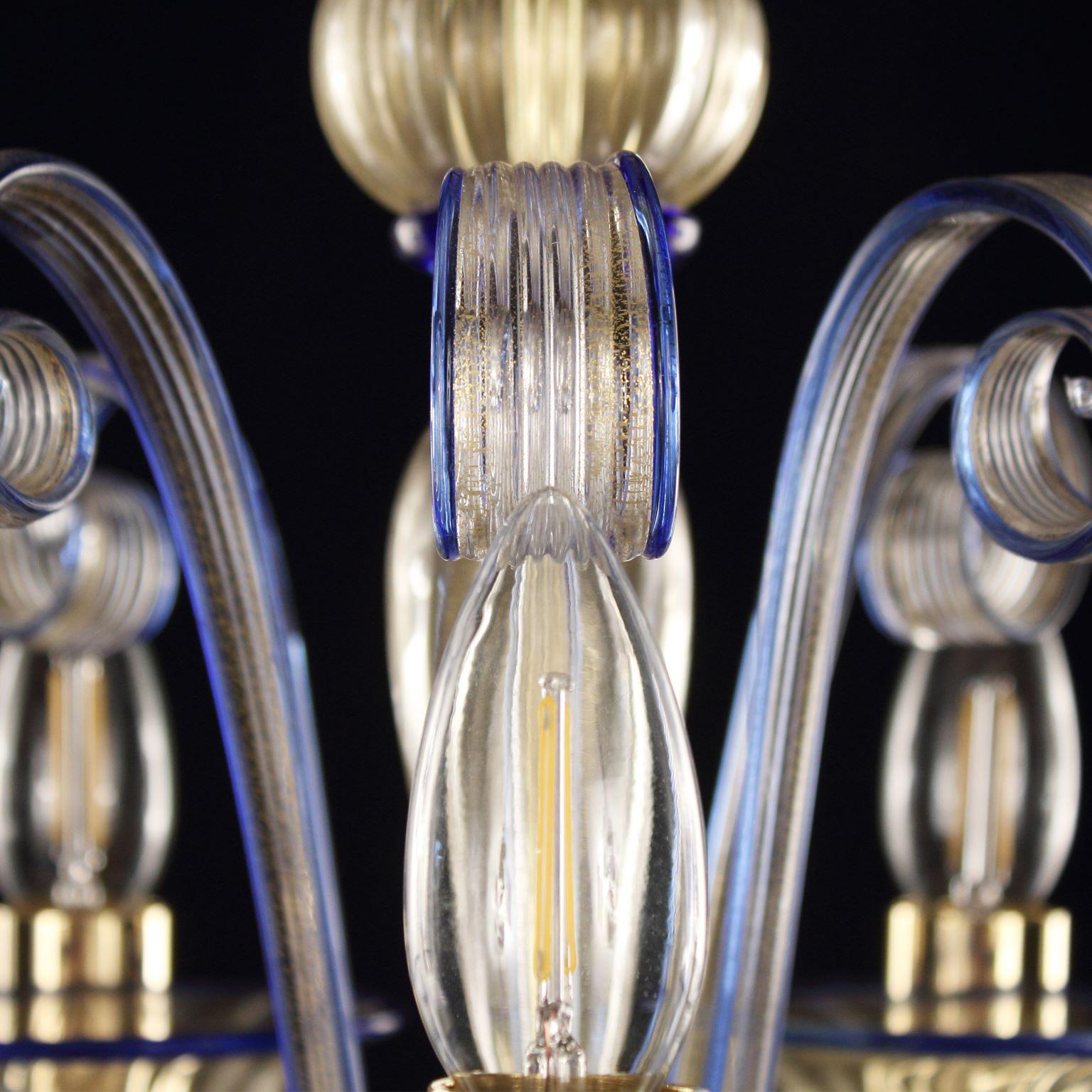Lustre à 5 bras en verre de Murano artistique bleu doré à feuilles d'or par Multiforme, en stock Neuf - En vente à Trebaseleghe, IT