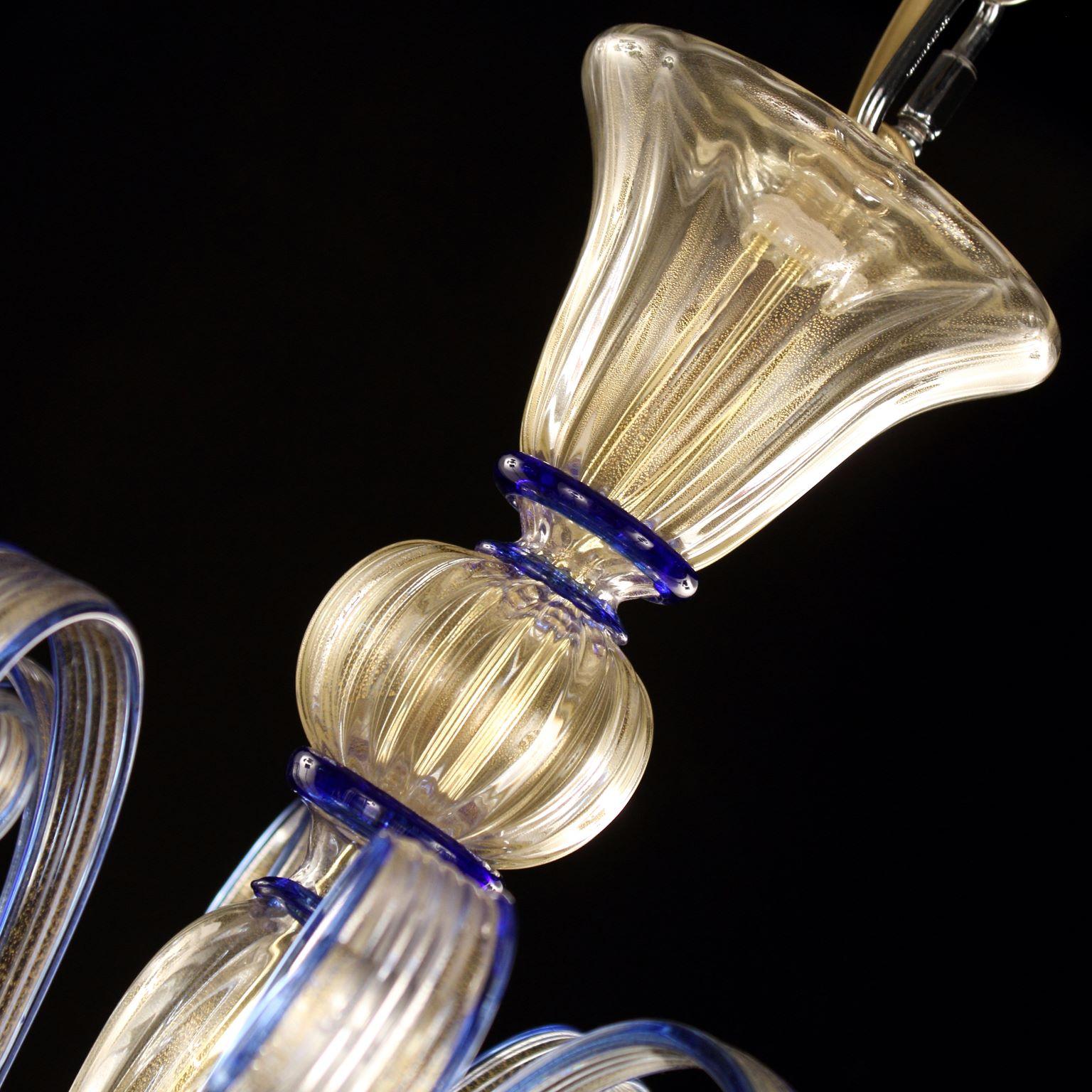 Chandelier 5 Arms Golden Leaf-blue Artistic Murano Glass by Multiforme in stock For Sale 1