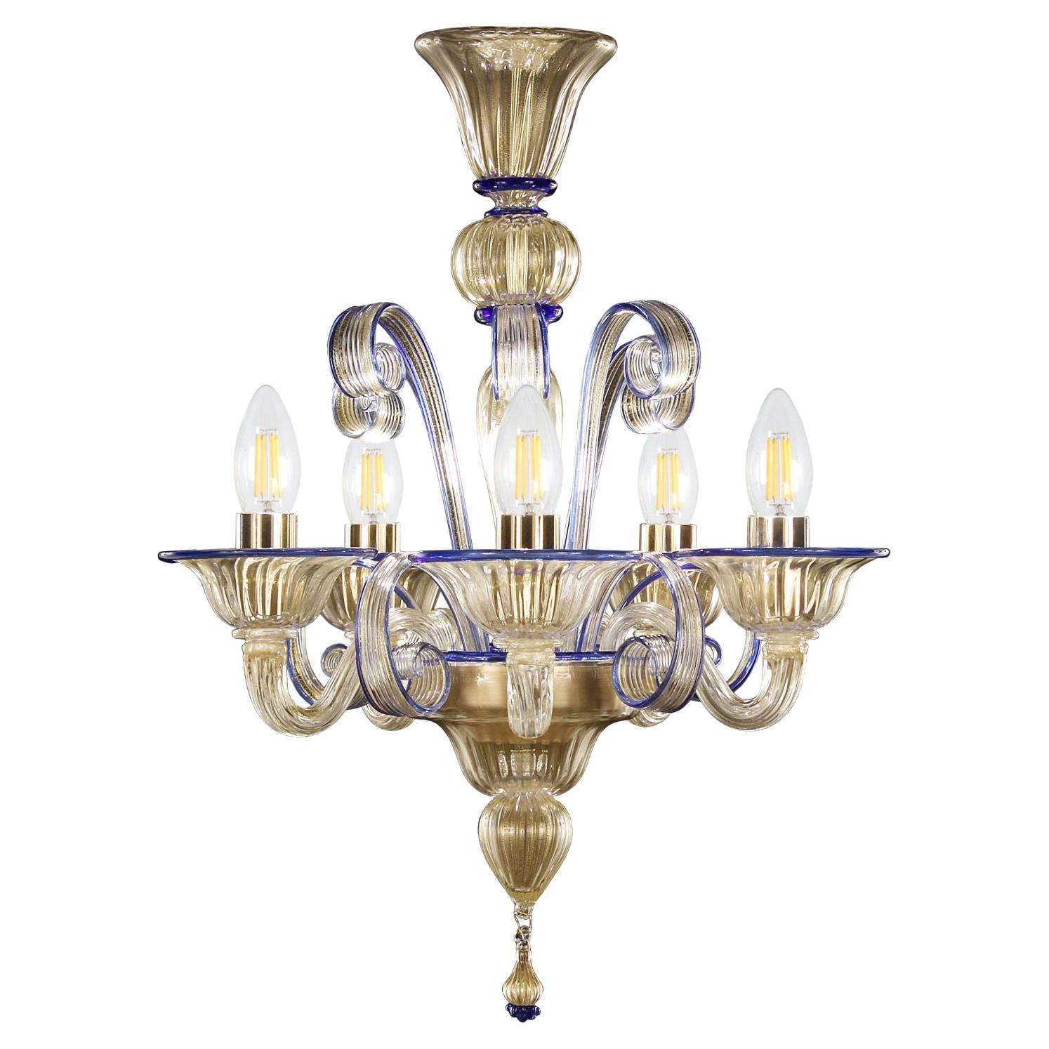 Chandelier 5 Arms Golden Leaf-blue Artistic Murano Glass by Multiforme in stock For Sale