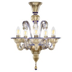 Chandelier 5 Arms Golden Leaf-blue Artistic Murano Glass by Multiforme in stock