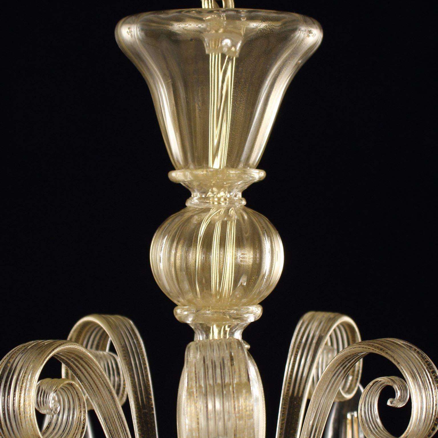 Capriccio Kronleuchter, 5-flammig, blattgoldenes Kunstglas, mit geschwungenen Ornamenten von Multiforme.
Es ist von der klassischen venezianischen Tradition inspiriert und zeichnet sich durch eine zentrale Säule aus, in der zahlreiche 