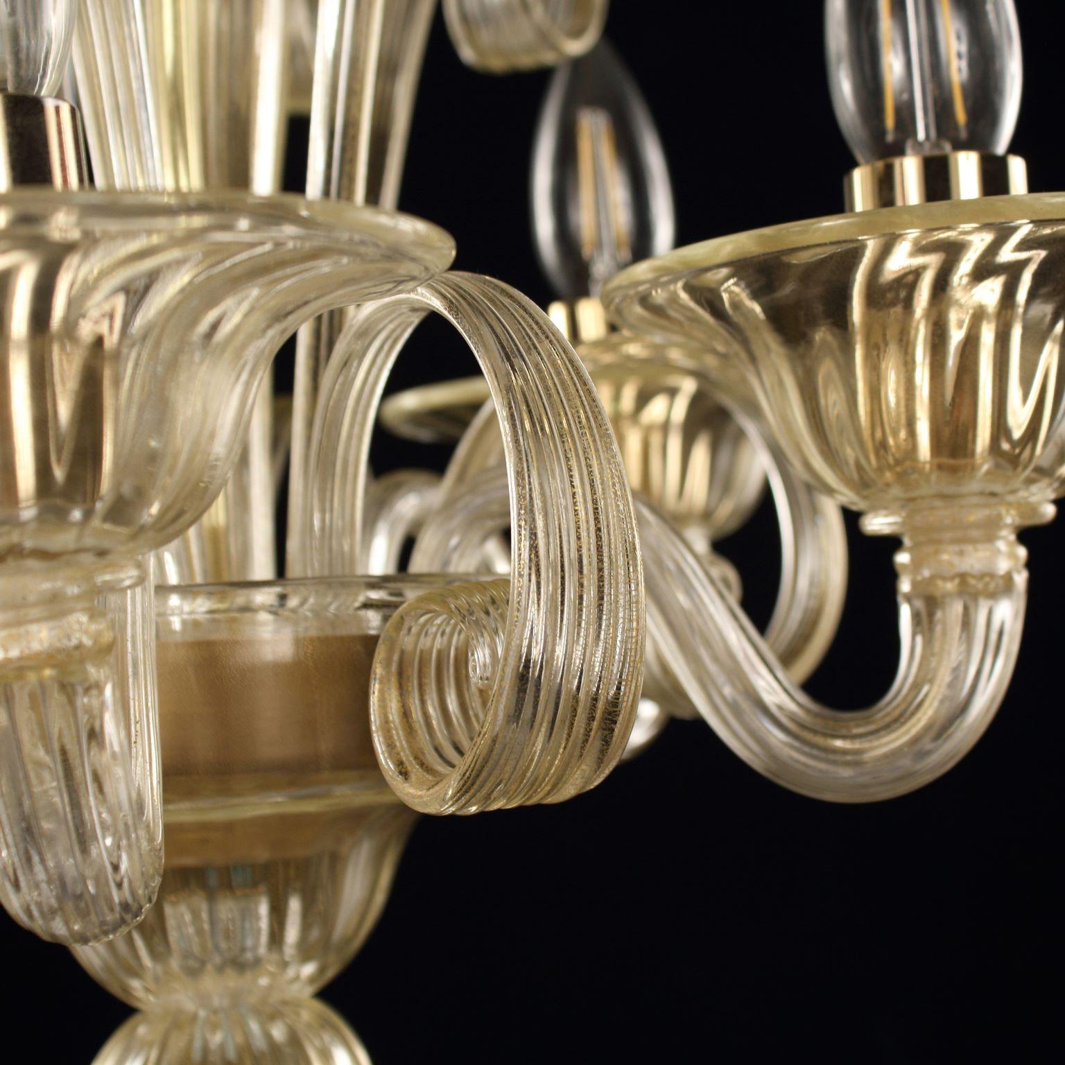 Other Chandelier 5 Arms Golden Leaf Artistic Murano Glass by Multiforme For Sale