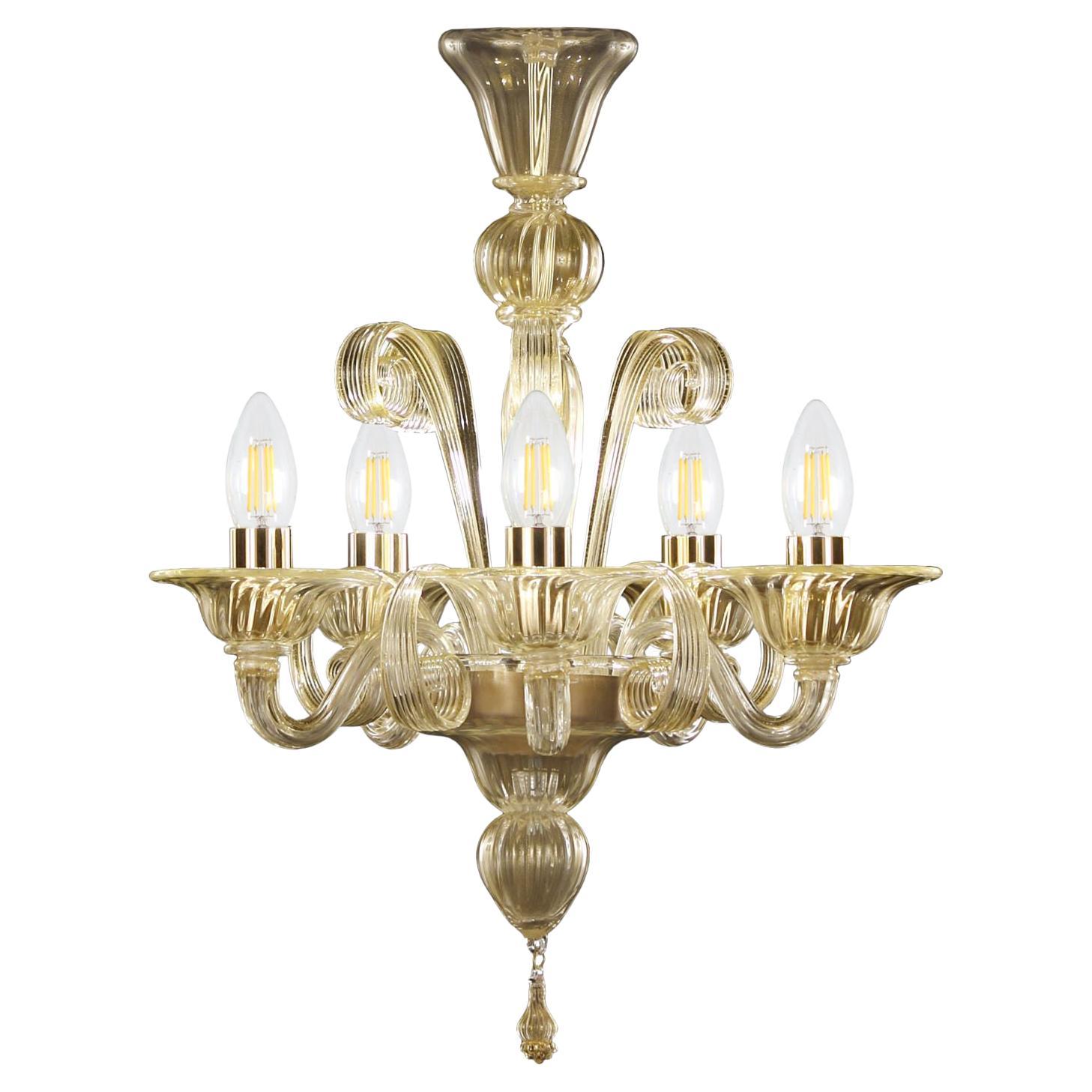 Chandelier 5 Arms Golden Leaf Artistic Murano Glass by Multiforme For Sale