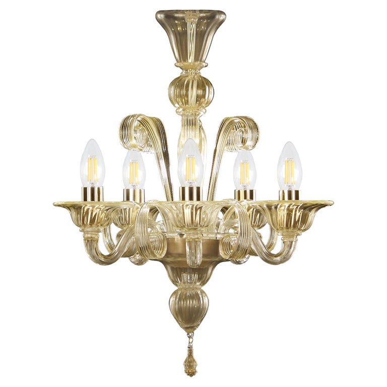 Lustre Vintage 5 Feuilles Murano – Verre Opaque Vert Et Doré (années 70)