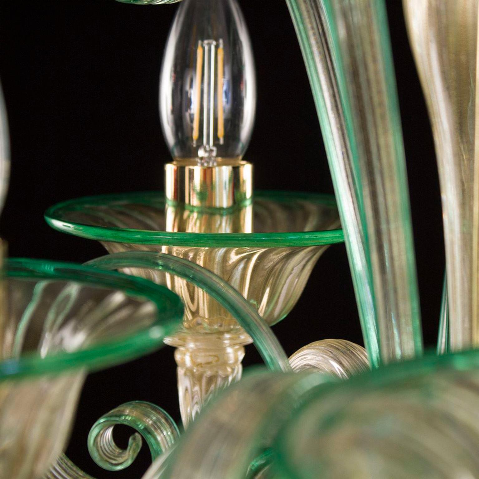 Italian Chandelier 5 Arms Golden Leaf-green Artistic Murano Glass by Multiforme For Sale