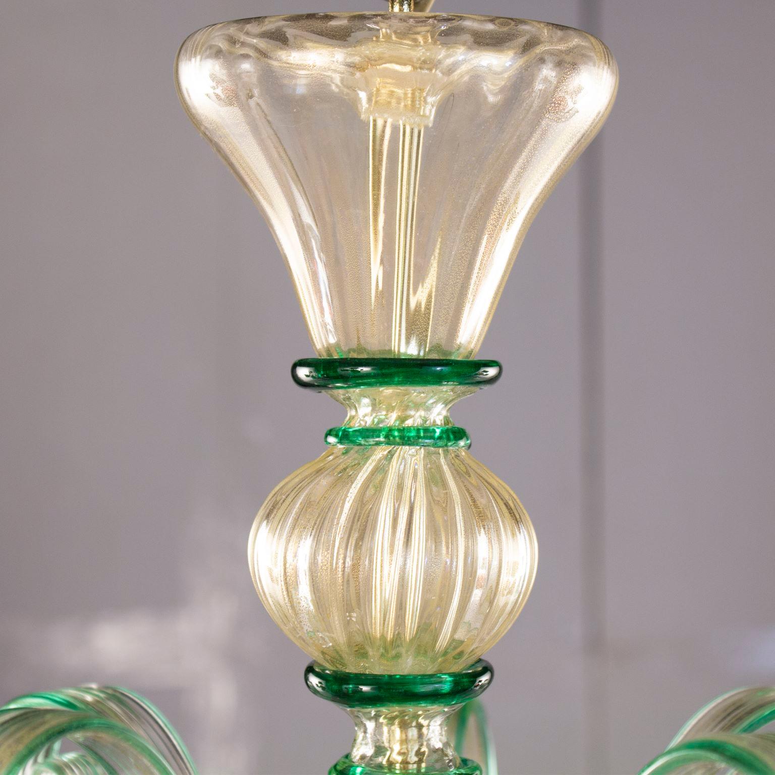 Italian Chandelier 5Arms Golden Leaf Murano Glass green details by Multiforme in stock