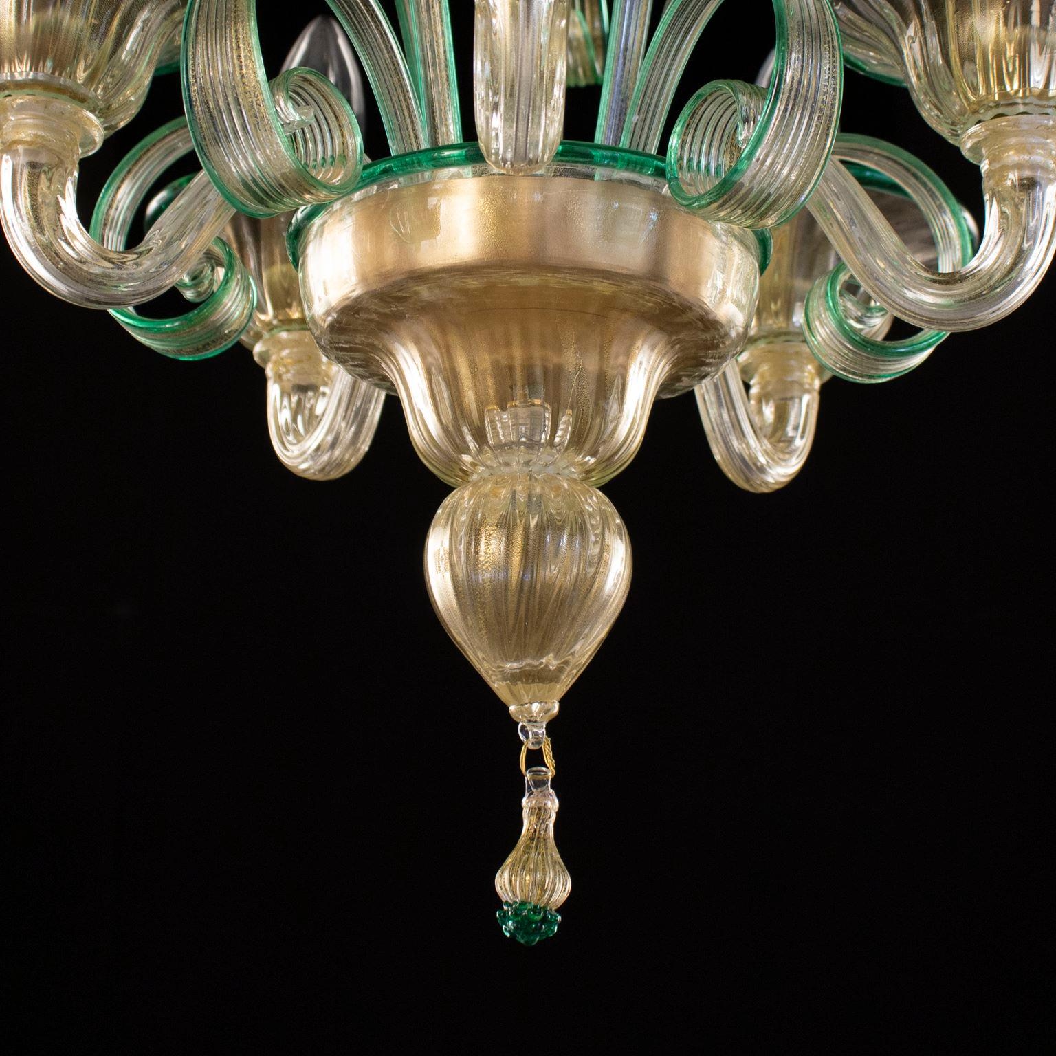 Blown Glass Chandelier 5Arms Golden Leaf Murano Glass green details by Multiforme in stock