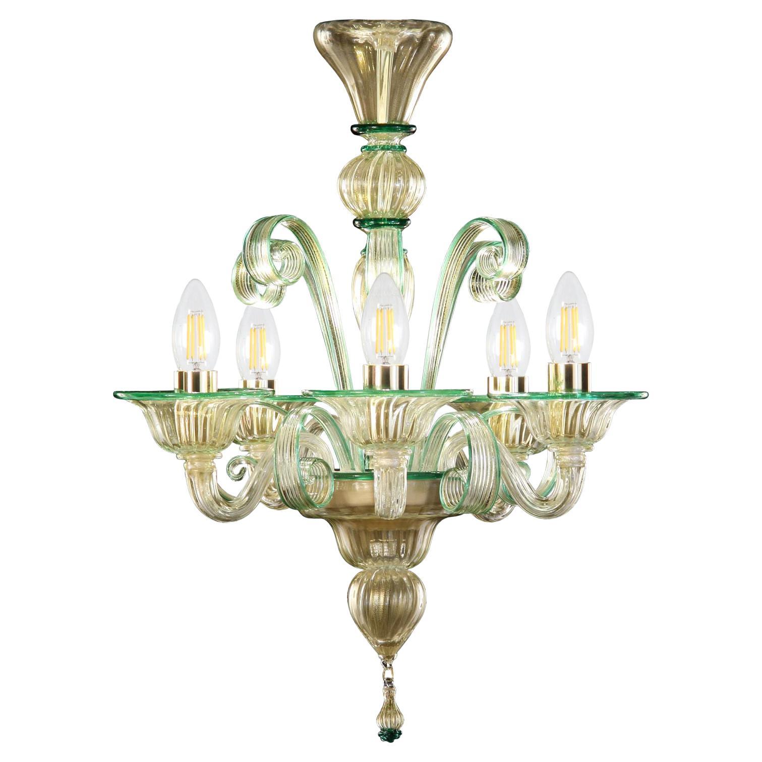 Chandelier 5 Arms Golden Leaf-green Artistic Murano Glass by Multiforme For Sale