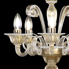 Chandelier 5 Arms Golden Leaf Artistic Murano Glass White Details by Multiforme