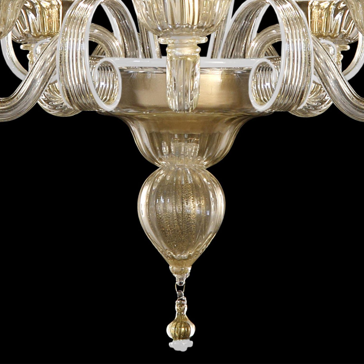 Other Chandelier 5 Arms Golden Leaf Artistic Murano Glass White Details by Multiforme For Sale