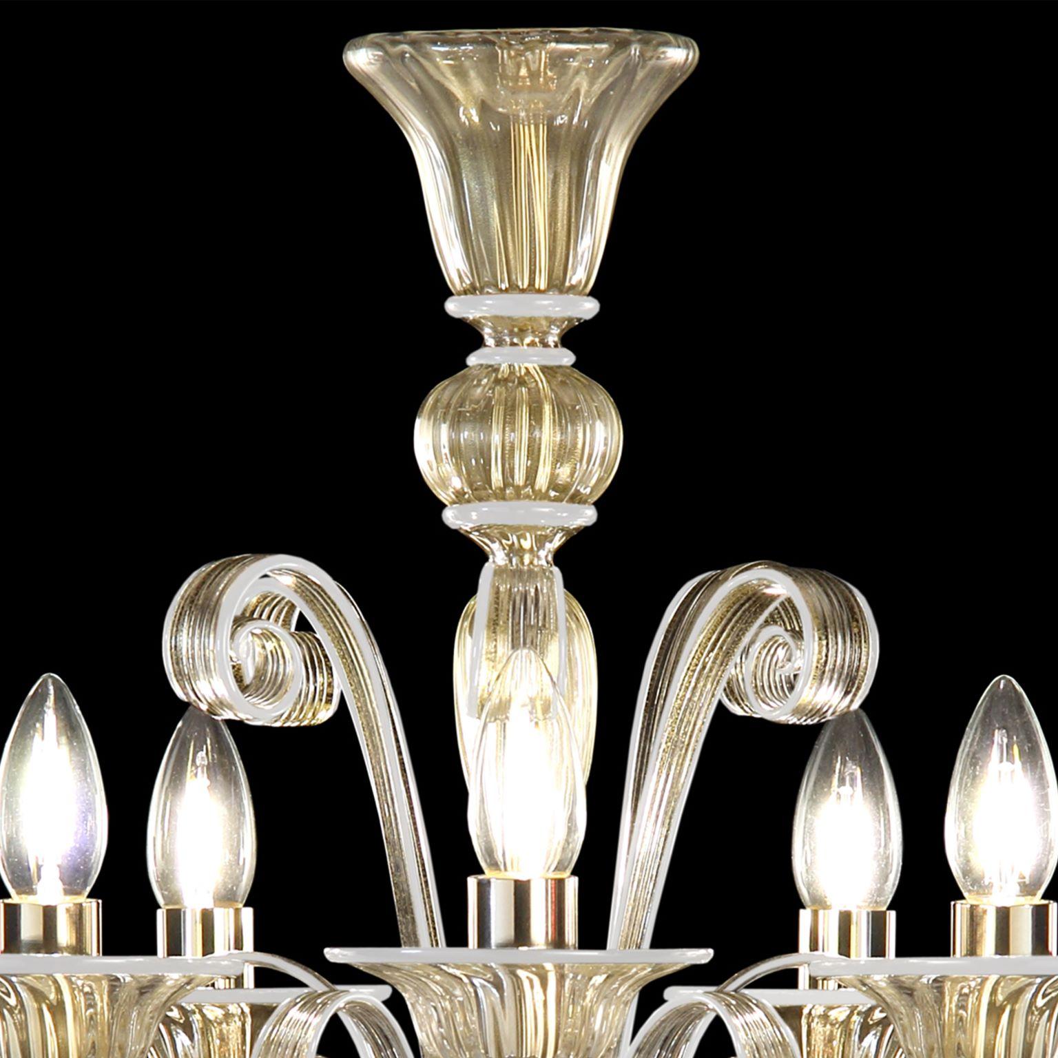 Italian Chandelier 5 Arms Golden Leaf Artistic Murano Glass White Details by Multiforme For Sale