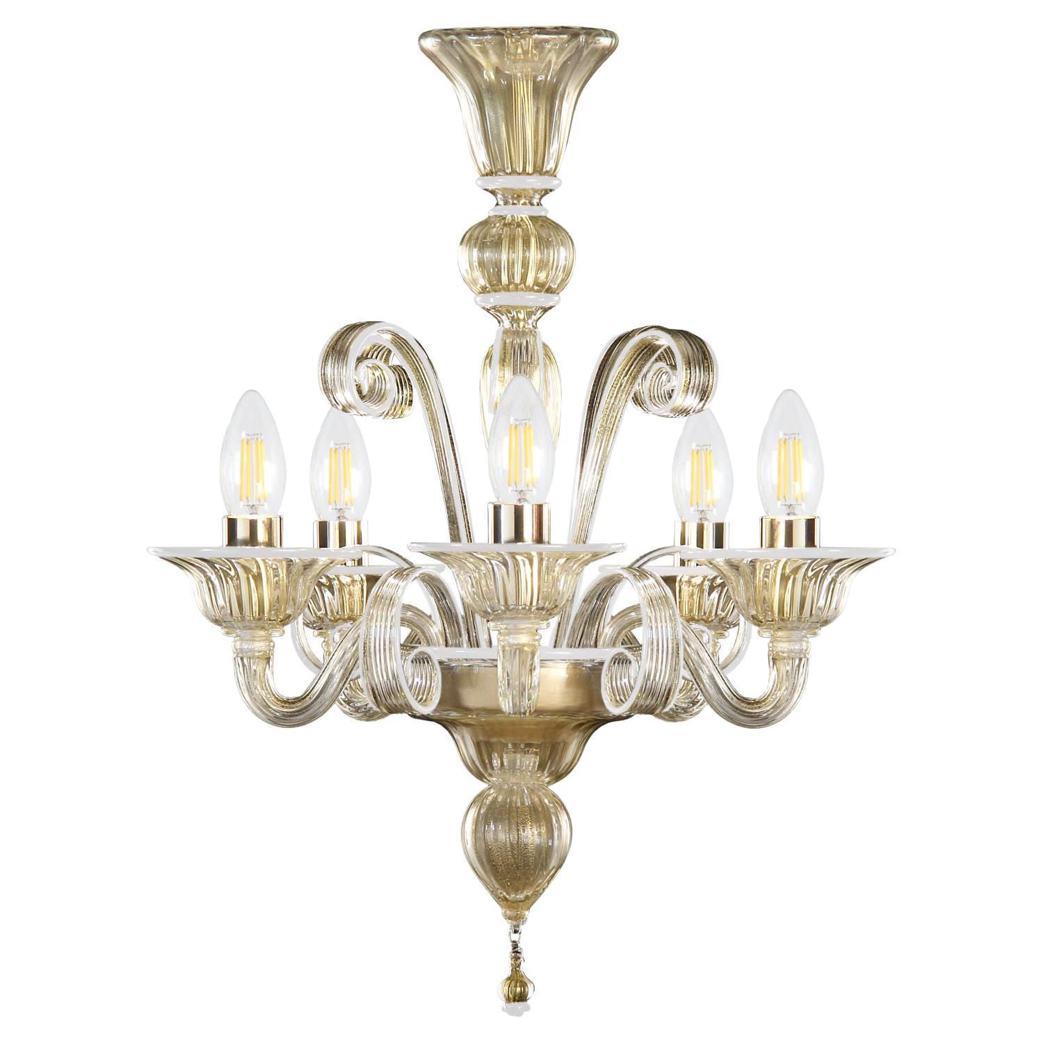 Chandelier 5 Arms Golden Leaf Artistic Murano Glass White Details by Multiforme For Sale