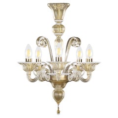 Chandelier 5 Arms Golden Leaf Artistic Murano Glass White Details by Multiforme