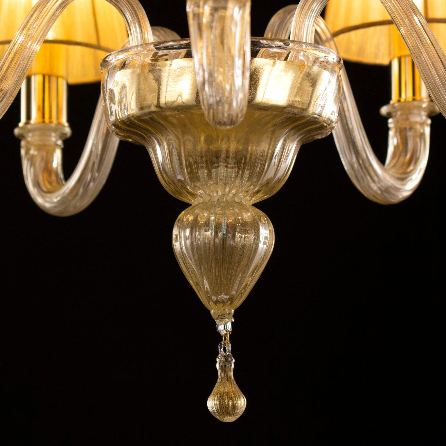 Chandelier 5 Arms Golden Leaf Murano Glass, Amber Lampshades by Multiforme In New Condition For Sale In Trebaseleghe, IT