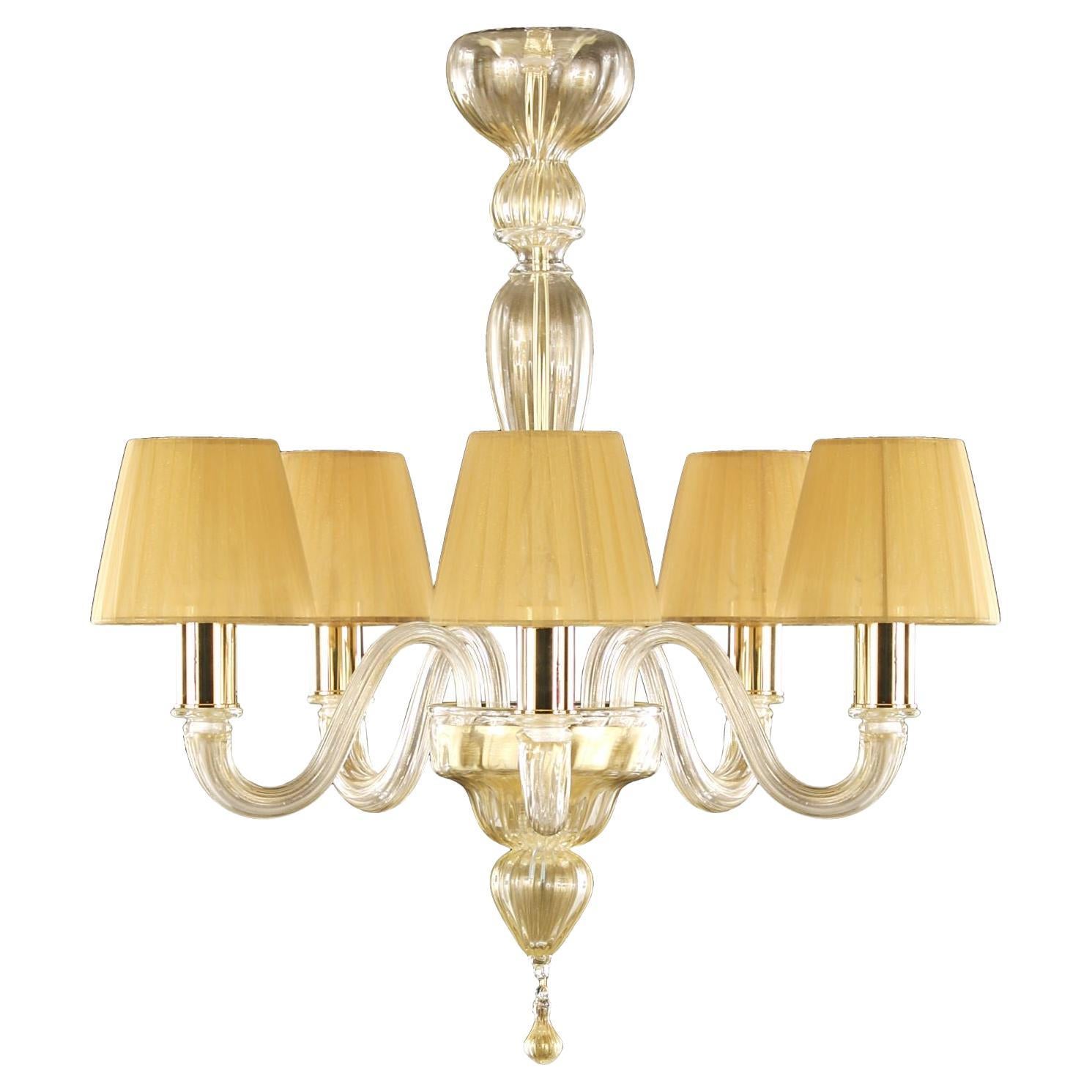 Kronleuchter mit 5 Armen aus Muranoglas mit Blattgold und Bernstein-Lampenschirmen von Multiforme