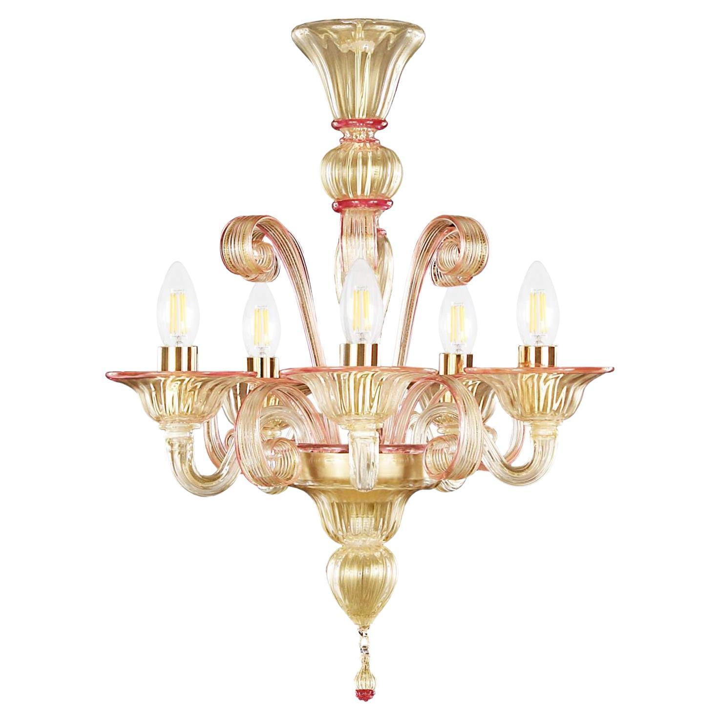 Chandelier 5 Arms Golden Leaf-amethyst Murano Glass by Multiforme in stock