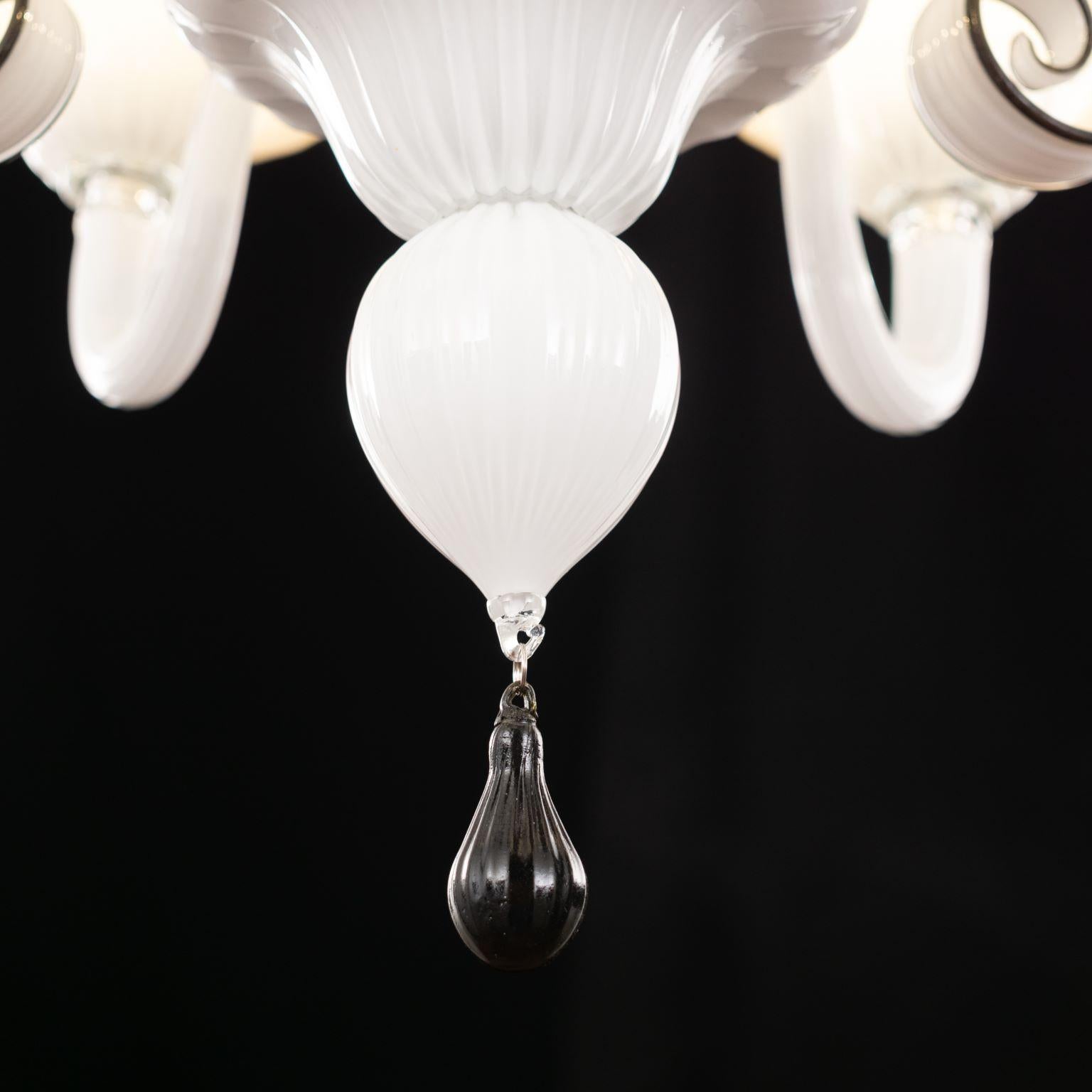 Chandelier 5 Arms White Blown Artistic Murano Glass, Black Details by Multiforme For Sale 3