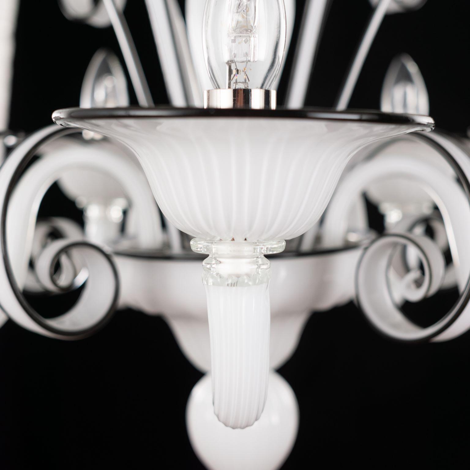 Italian Chandelier 5 Arms White Blown Artistic Murano Glass, Black Details by Multiforme For Sale