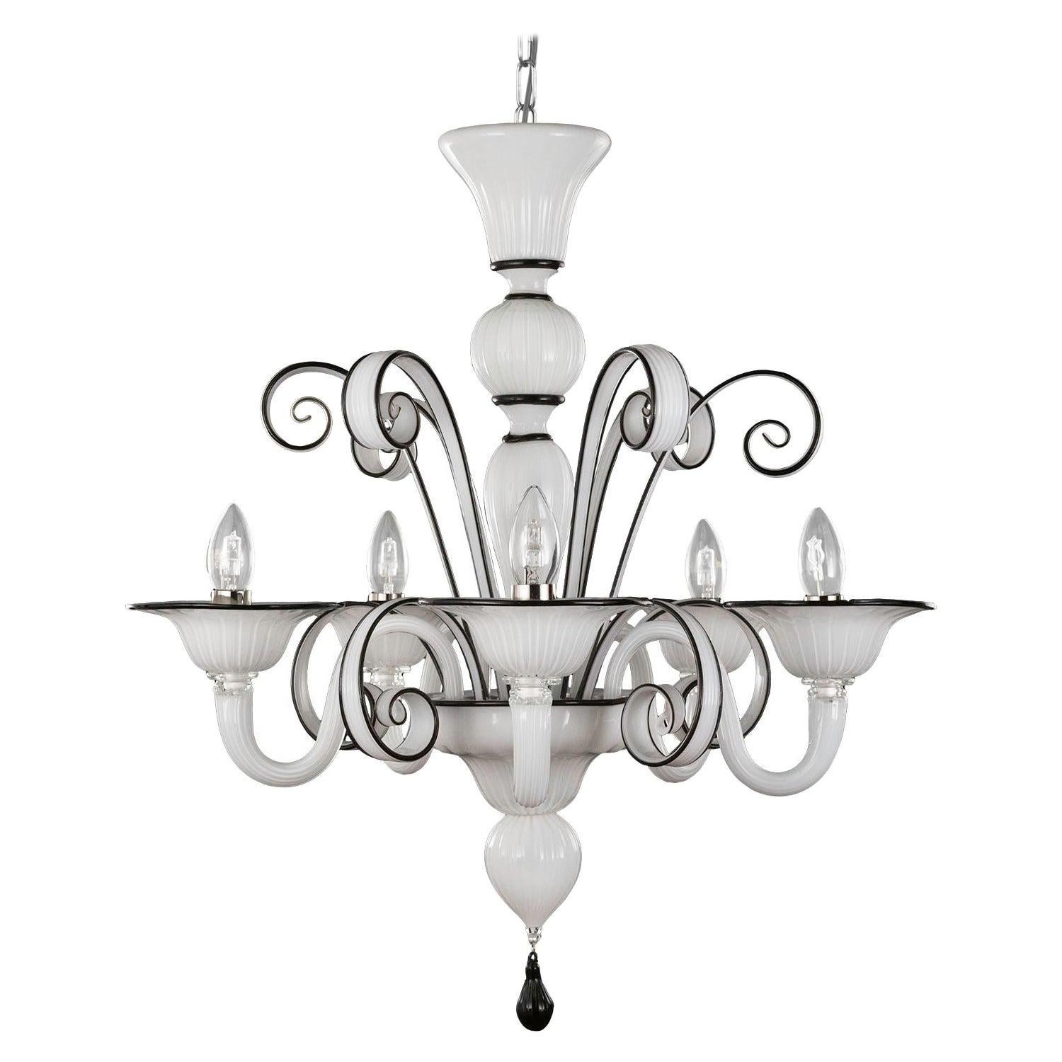 Chandelier 5 Arms White Blown Artistic Murano Glass, Black Details by Multiforme