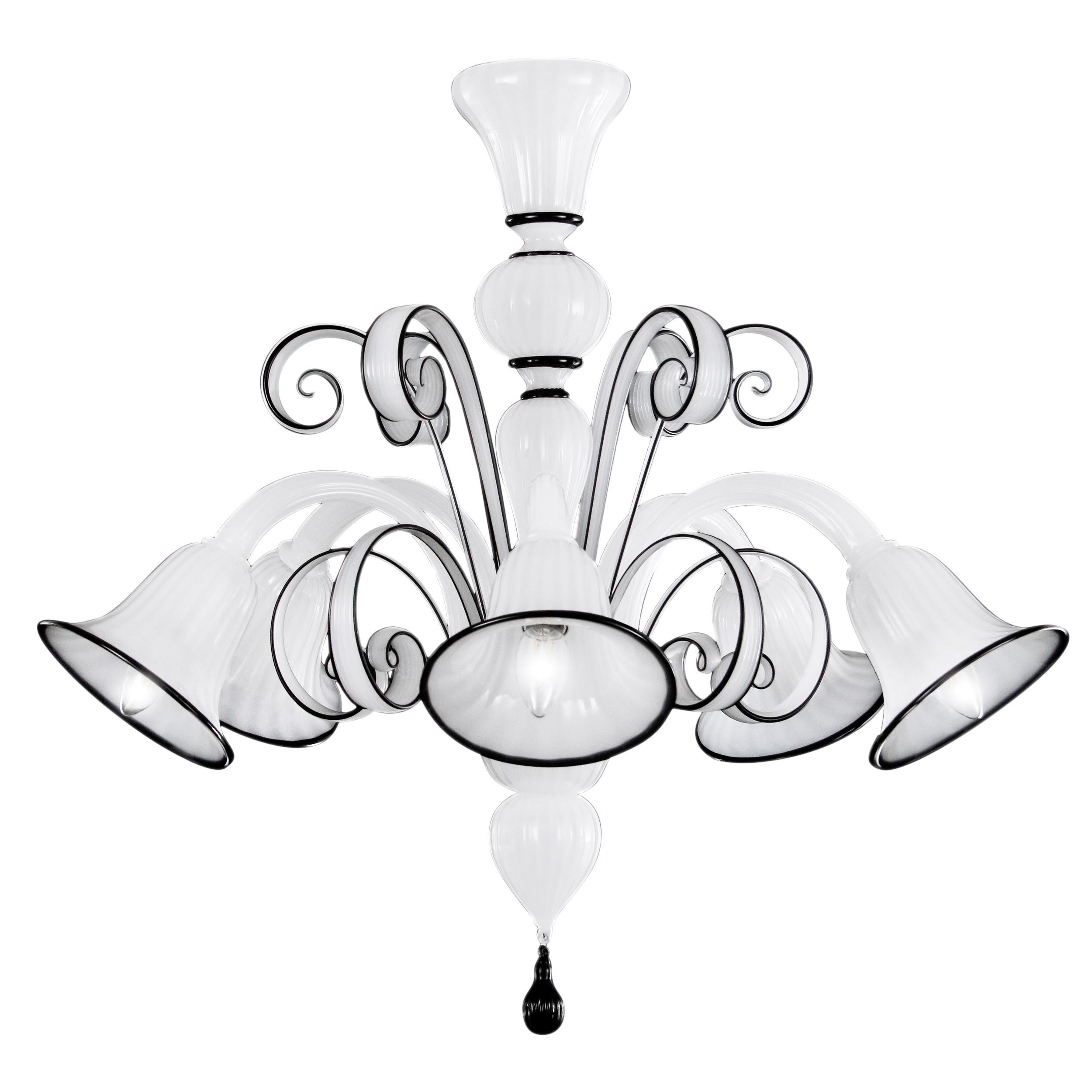 Chandelier 5 Arms White Murano Glass, Black Details by Multiforme   For Sale