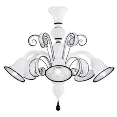 Chandelier 5 Arms White Murano Glass, Black Details by Multiforme  