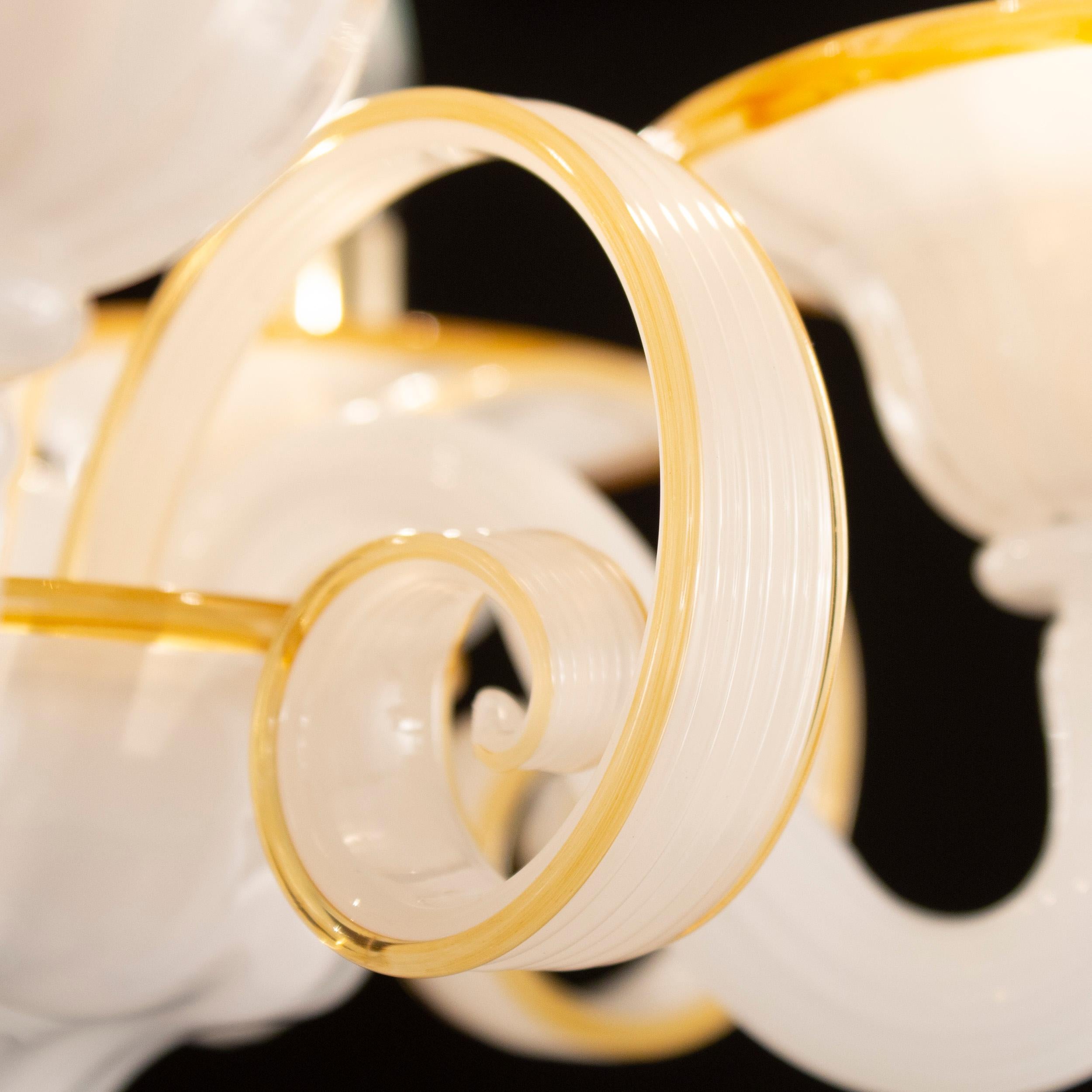 Italian Chandelier 5 Arms White Silk-Gold Murano Glass Capriccio by Multiforme in Stock  For Sale