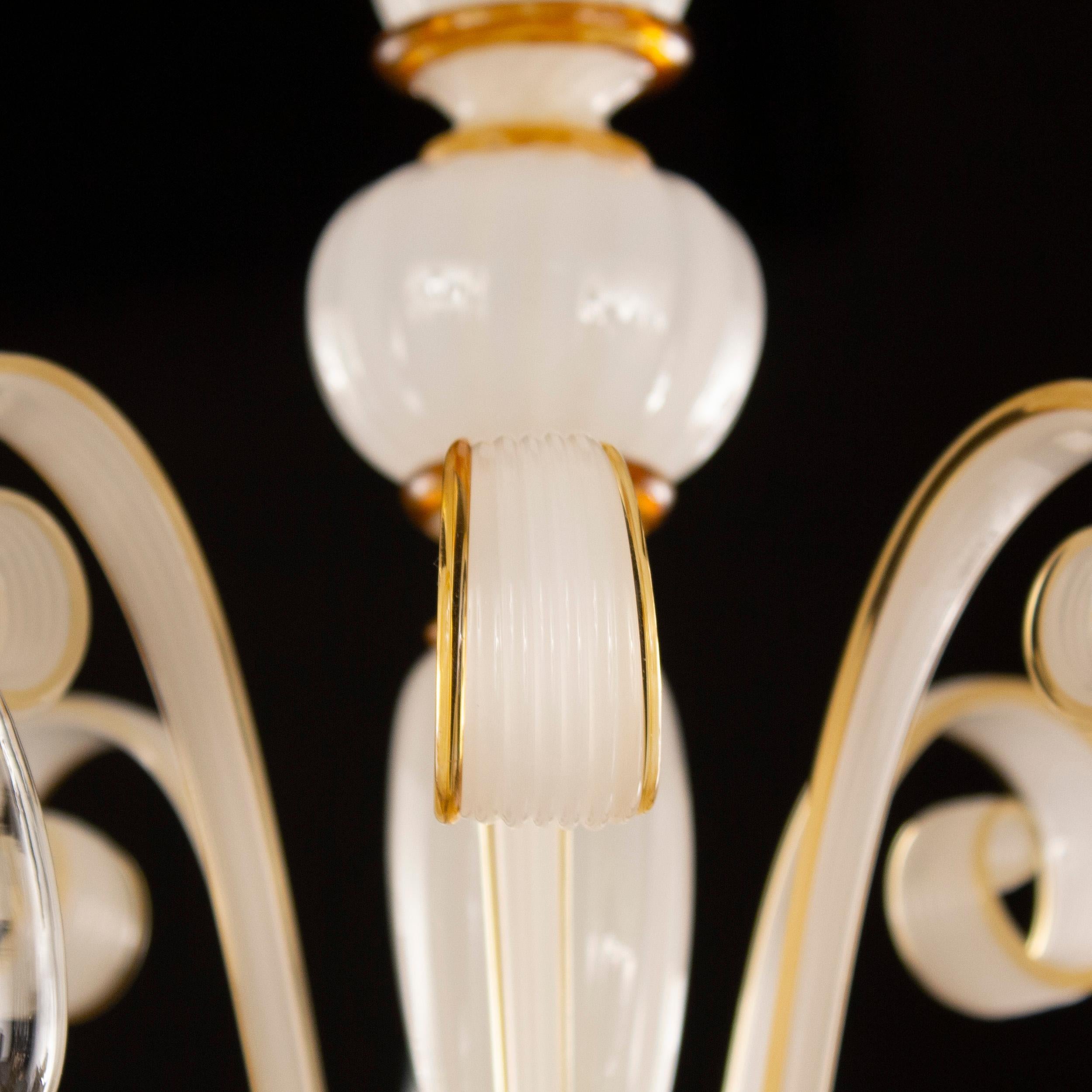 Blown Glass Chandelier 5 Arms White Silk-Gold Murano Glass Capriccio by Multiforme in Stock  For Sale